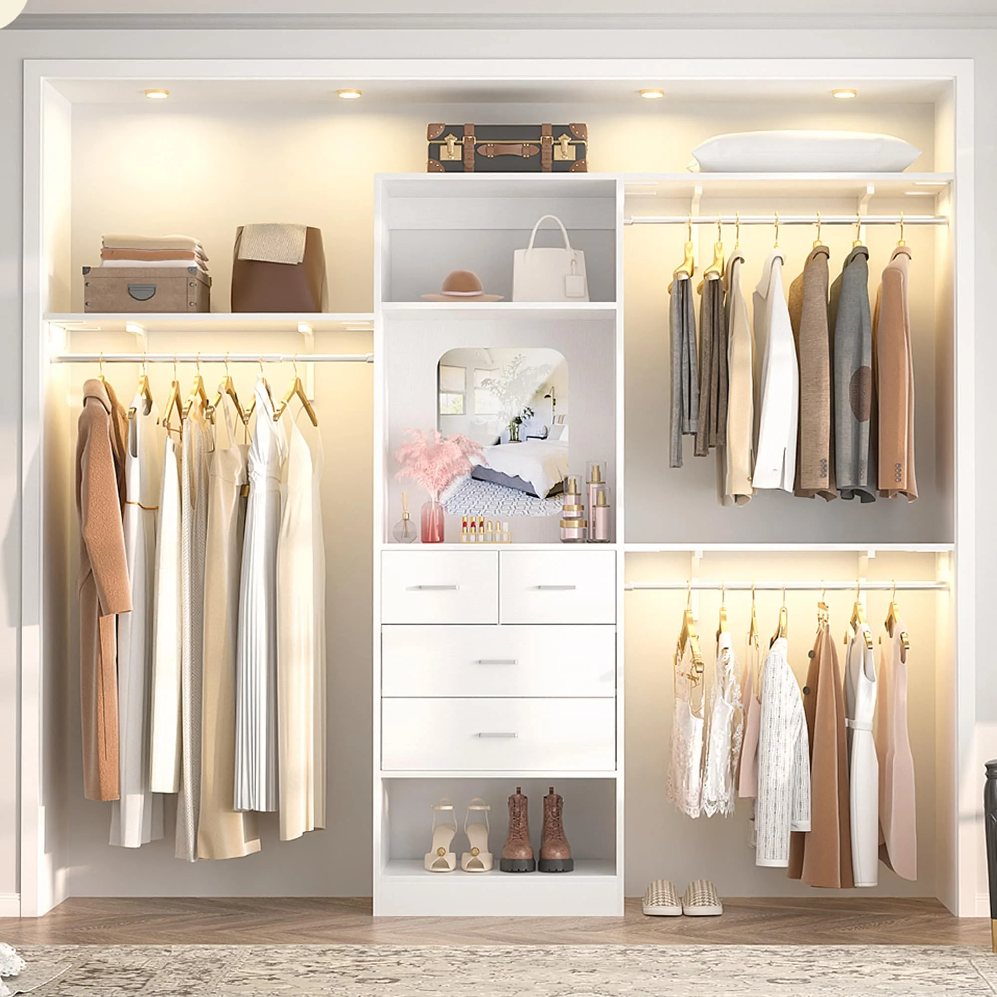 96'' W Closet System with Mirror, 8FT Walk-in Closet Organizer Kits with 4 Wooden Drawers & 3 Extendable Hanging Rods