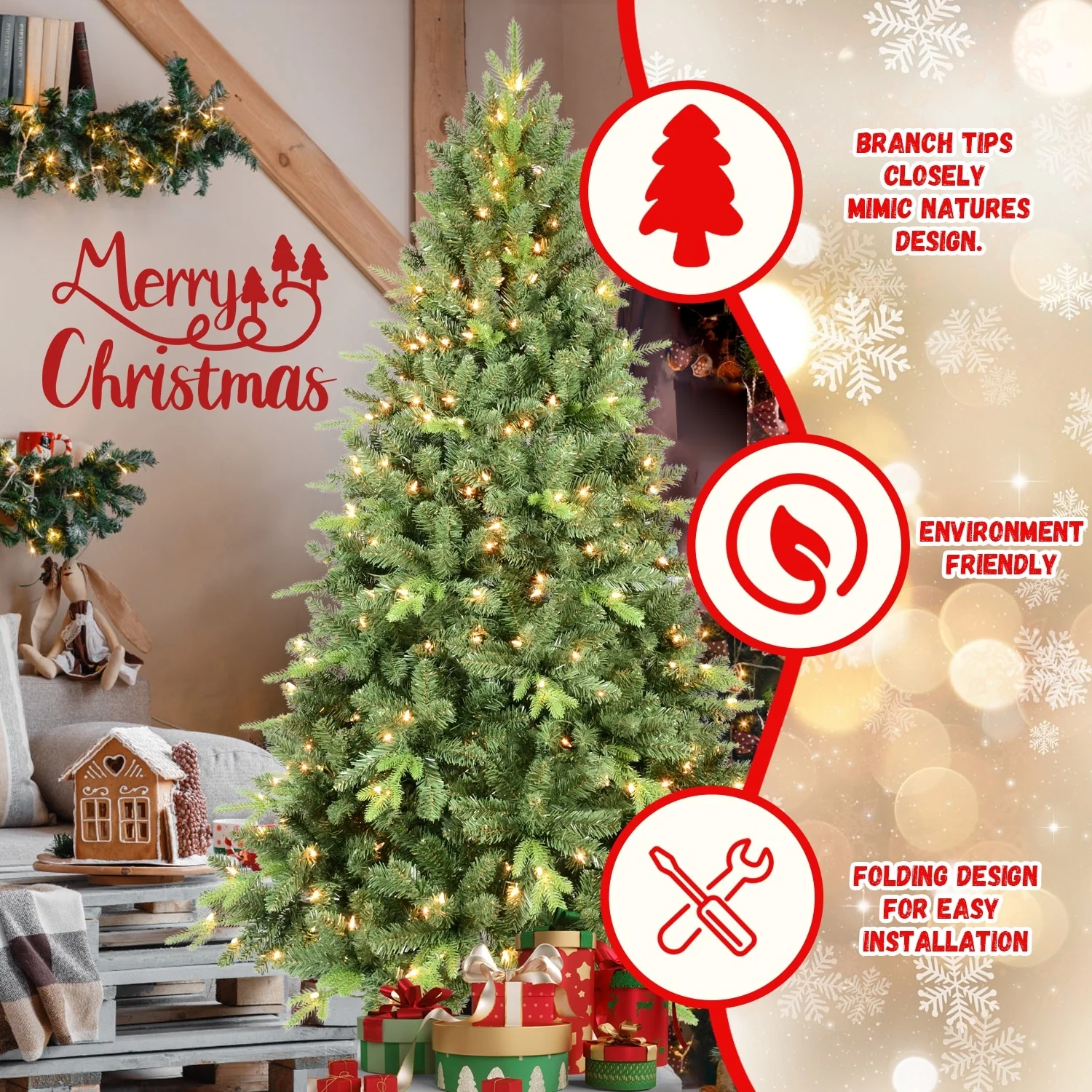 Premium 9FT Christmas Tree - Prelit with 3509 Mixed Branch Tips for Festive Decorating