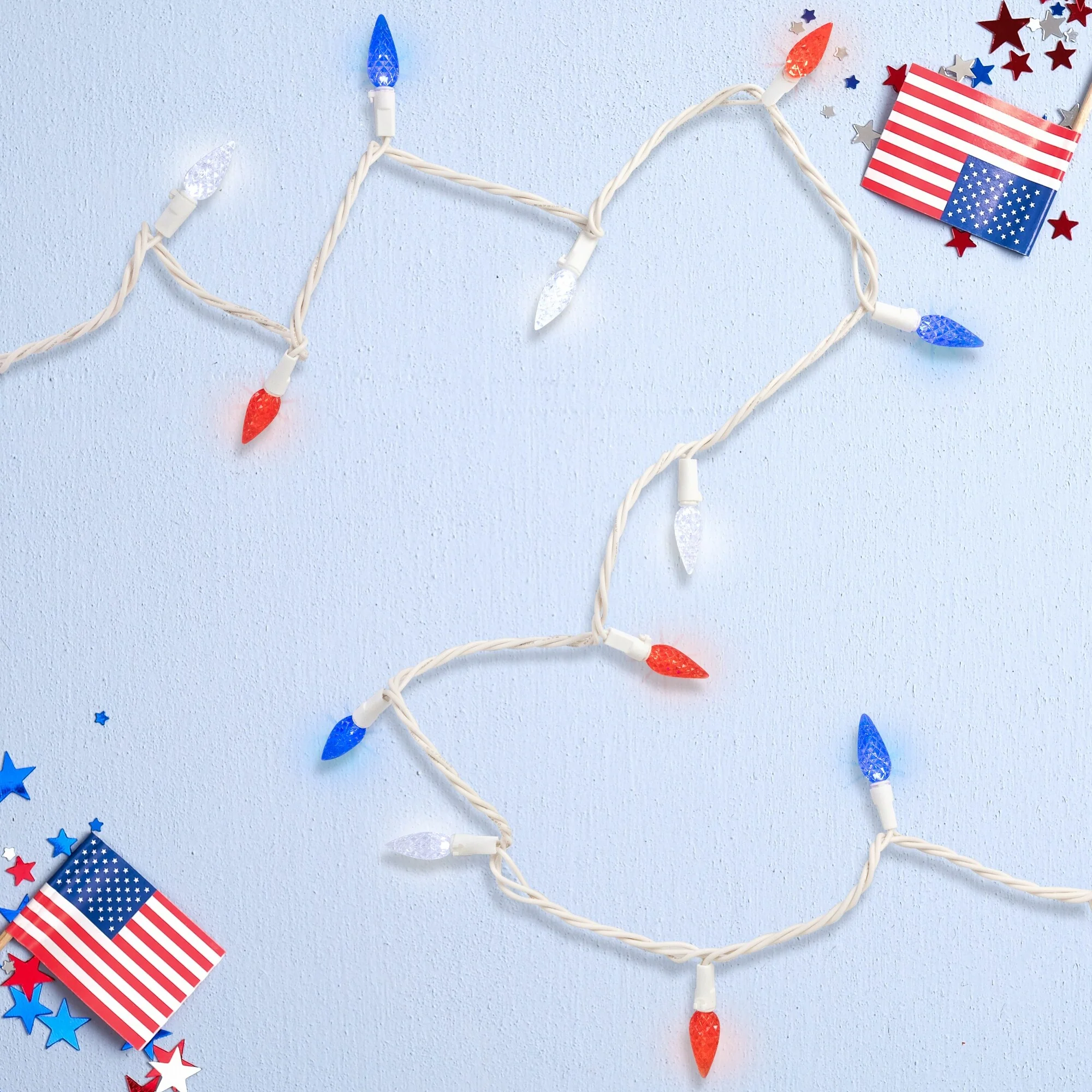 Patriotic LED C6 Faceted Christmas Lights - Red, White and Blue - 16.5' White Wire - 50ct