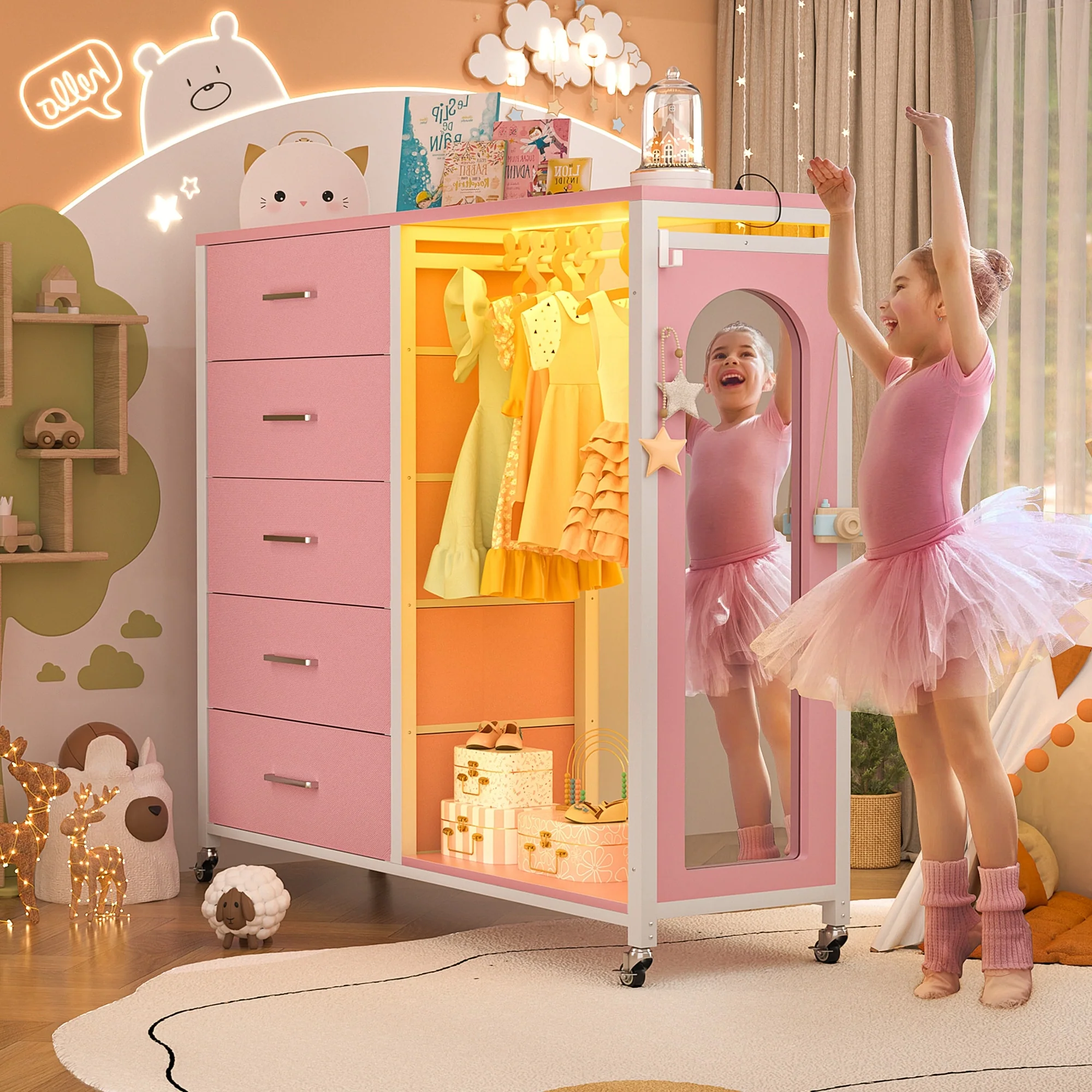 Kid's Closet Organizer with Fabric Drawers and Mirror, Rolling Dresser and Chest with Charge Station