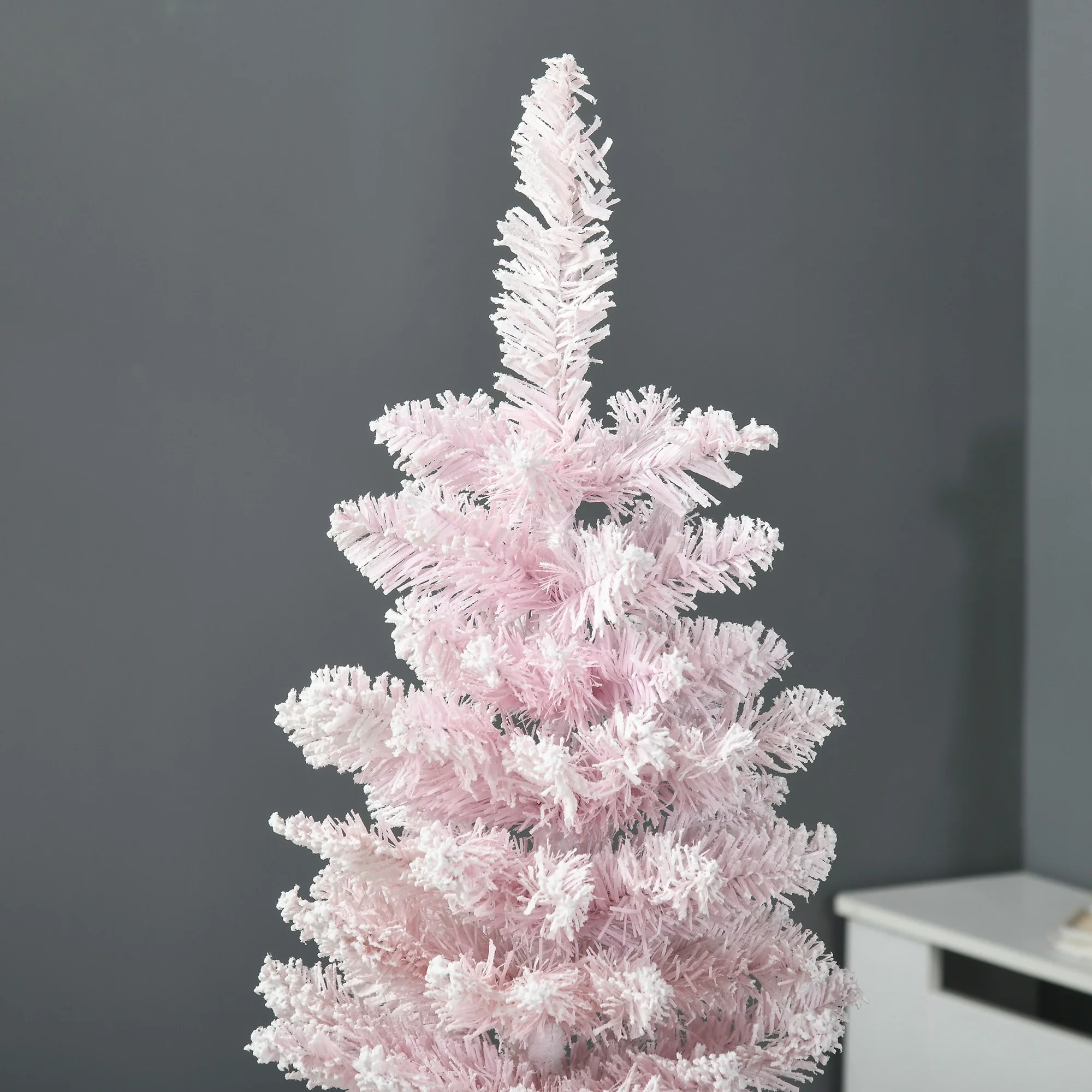 5' Tall Pink Pencil Christmas Tree, Snow Flocked, Slim with Plastic Base for Indoor Use