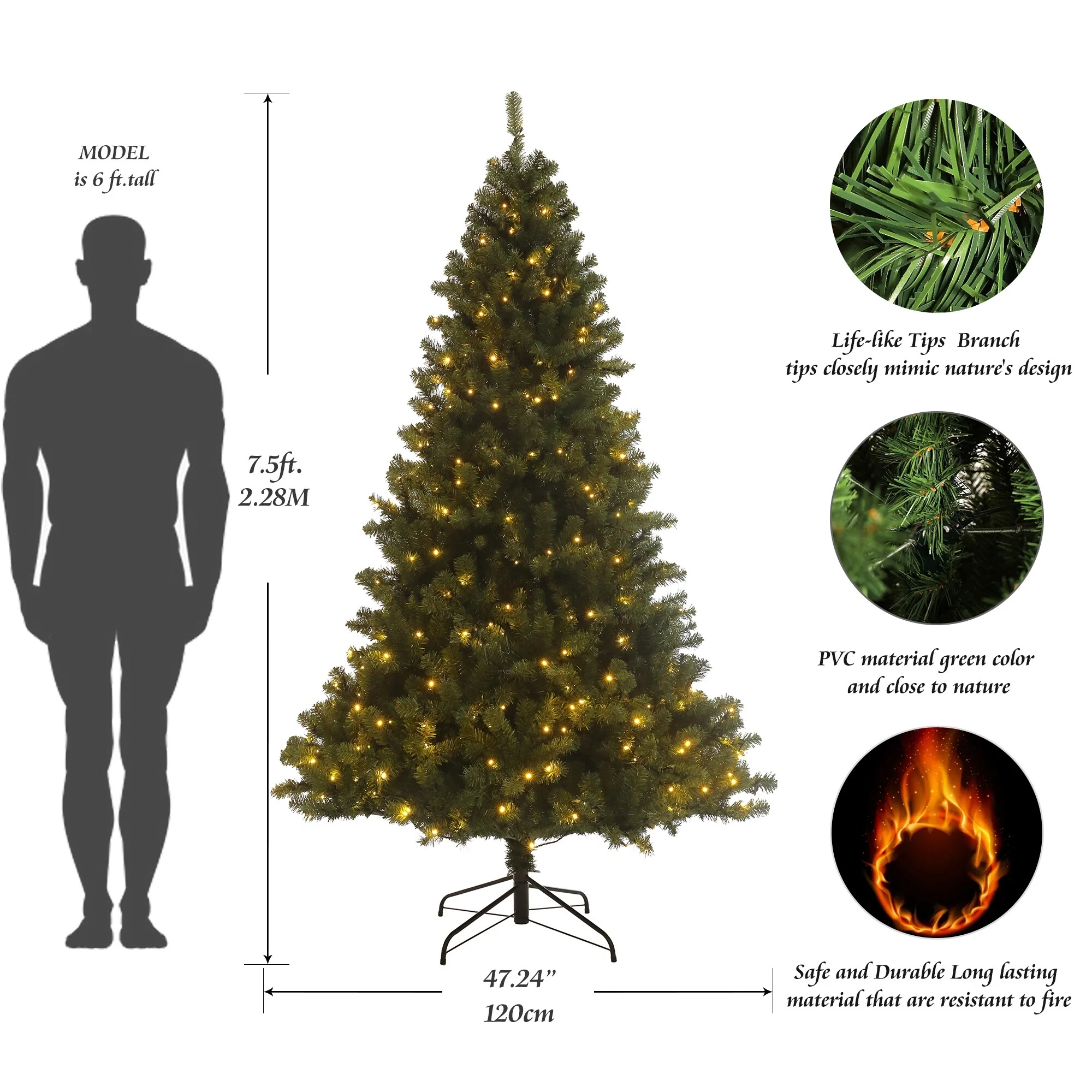 Full Bodied 7.5ft Pre-lit Christmas Tree with Convenient Hinged Design and 400 LED Lights