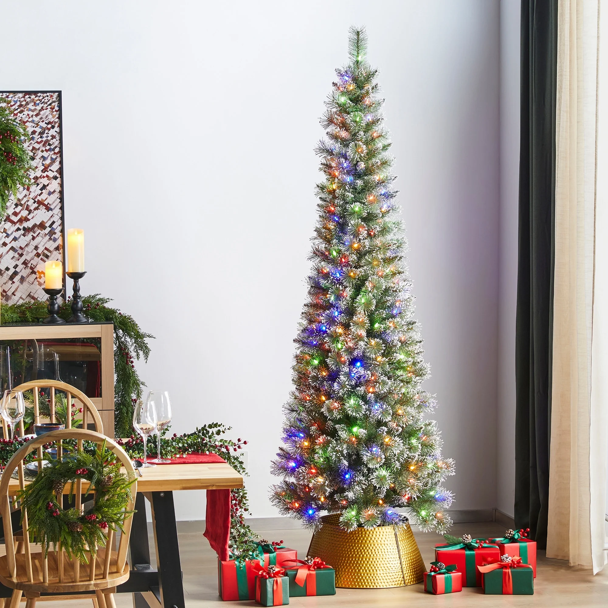 Glitzhome 7.5ft/9ft/11ft Pre-Lit Flocked Multi-color Artificial Christmas Tree with Remote Controller