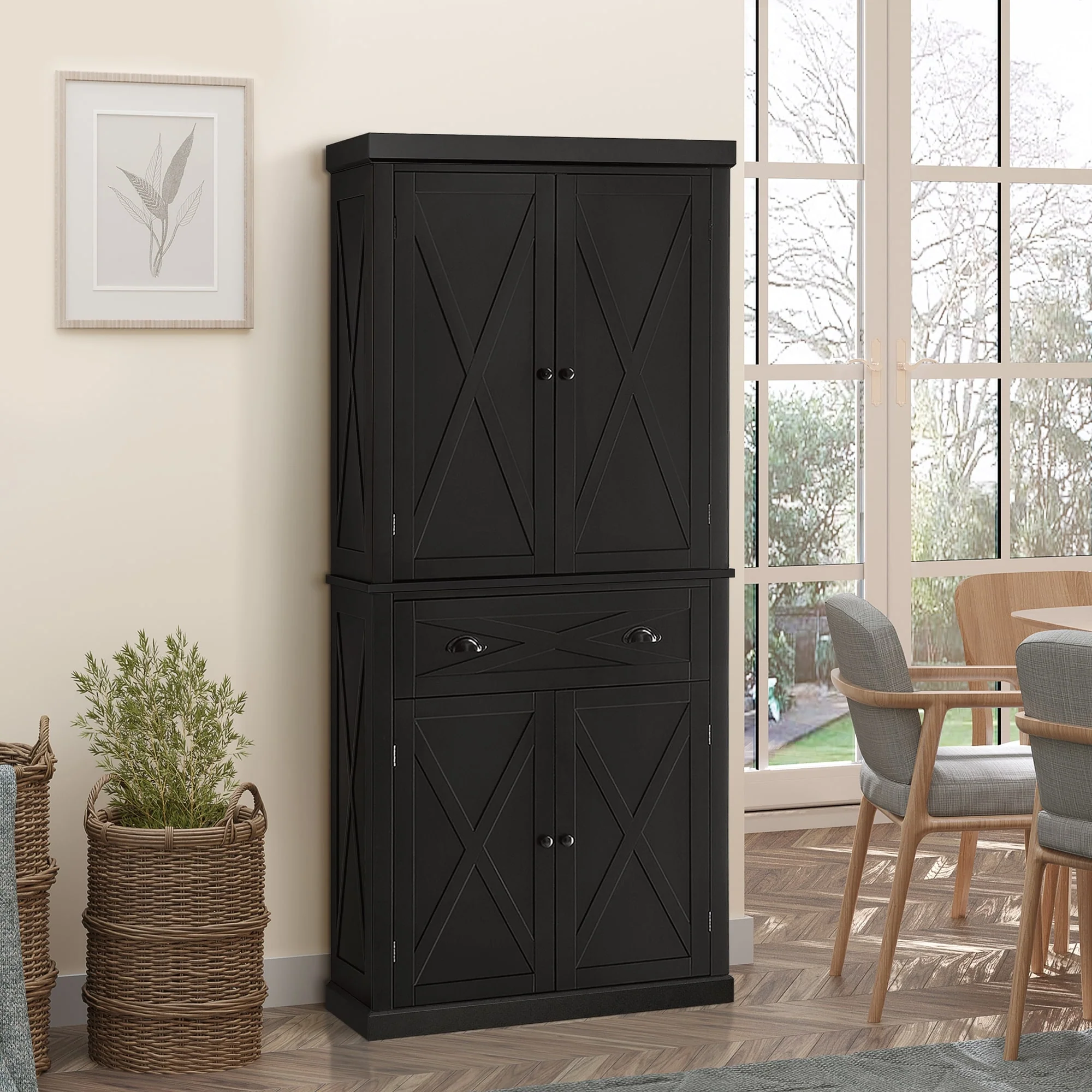 HOMCOM Freestanding Modern Farmhouse 4 Door Kitchen Pantry Cabinet, Storage Cabinet Organizer with 6-Tiers