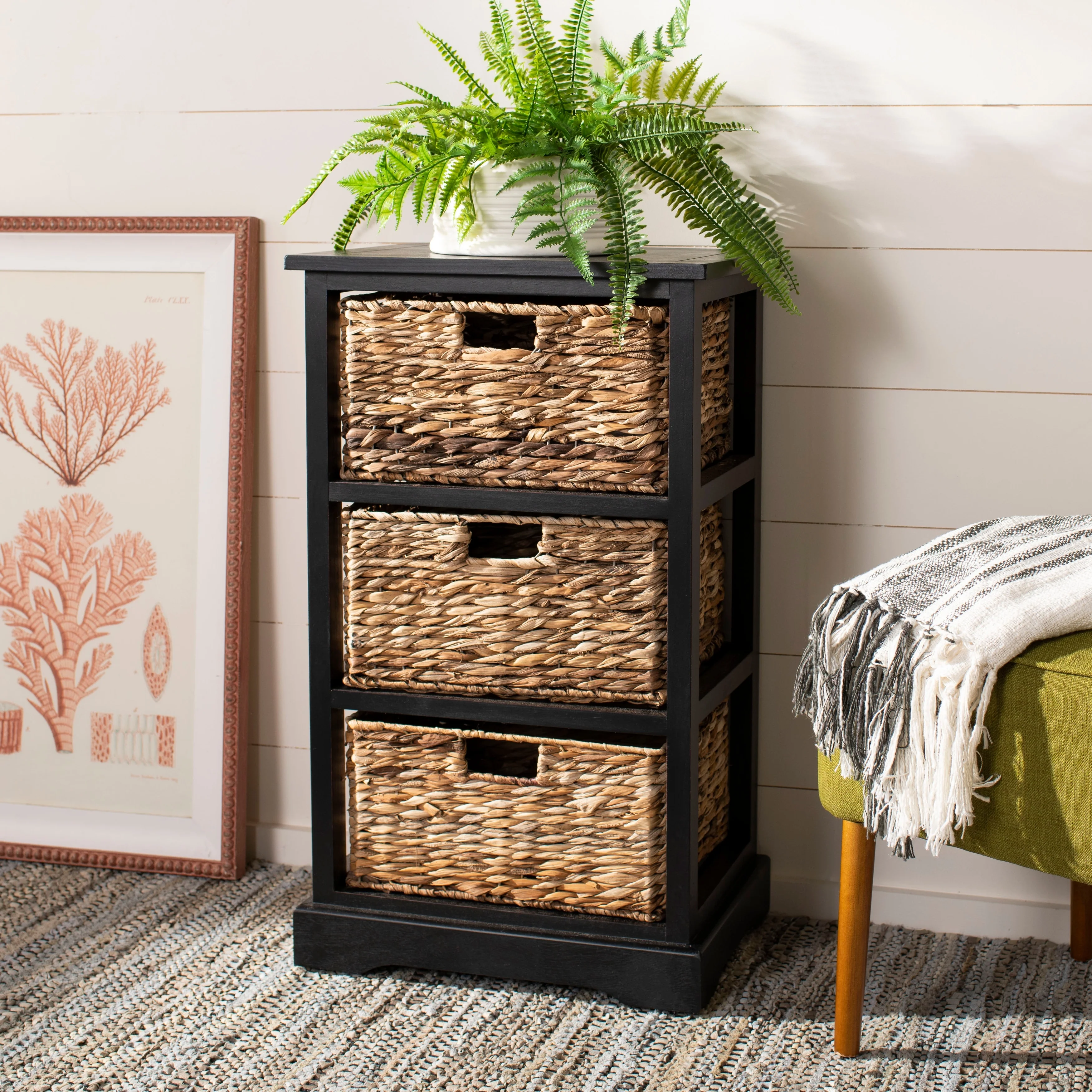 SAFAVIEH Evaline Distressed Black 3 Wicker Basket Storage Unit - 17.3