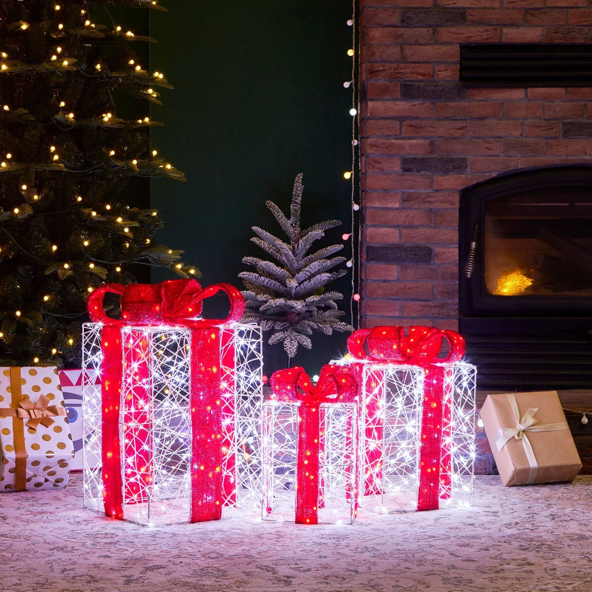 Glitzhome Set of 3 Lighted Christmas 3D Giftbox Decor with 855 White LED Lights - 3D Giftbox
