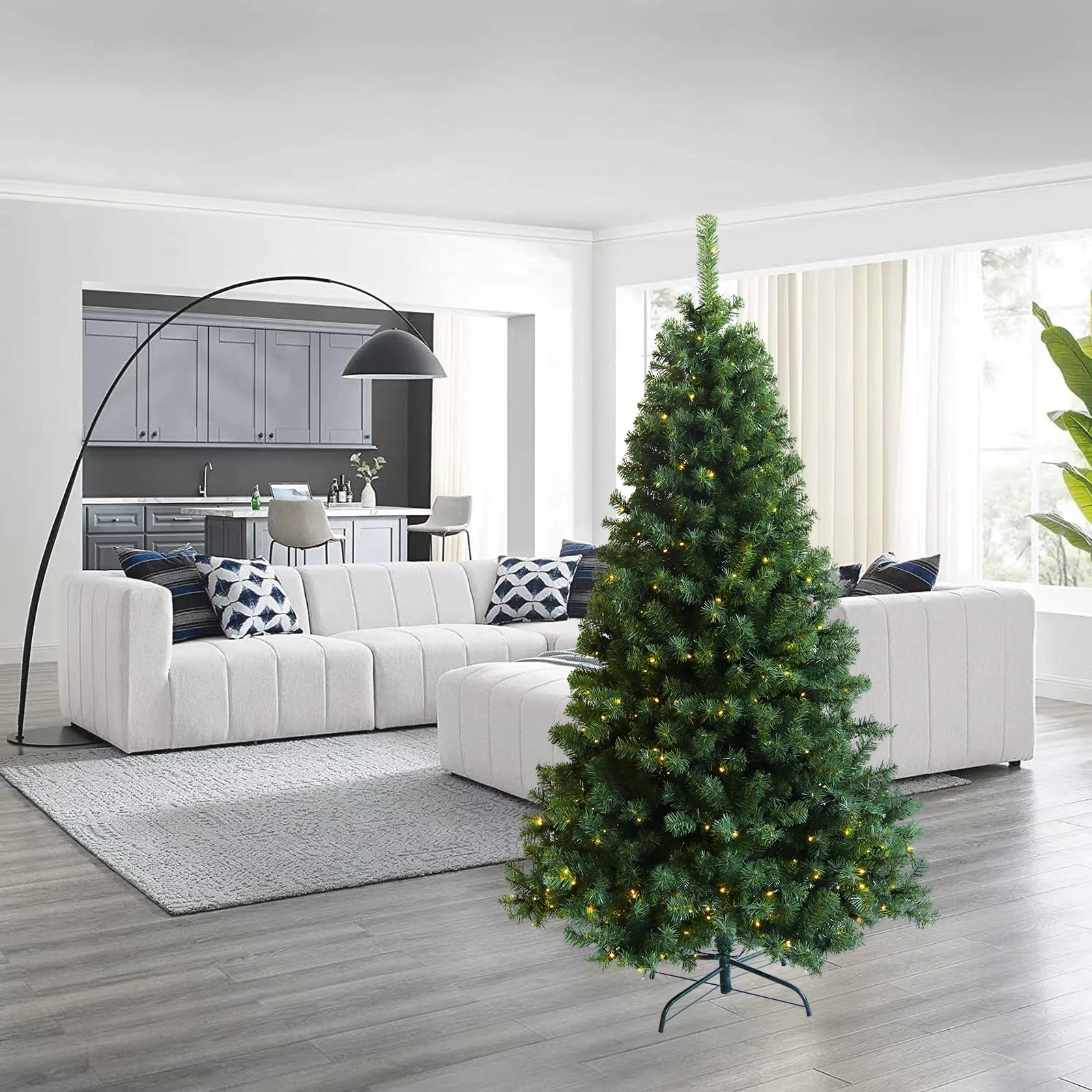 6' Pre-Lit Hinged Artificial Christmas Tree, 1,000 PVC Branch Tips & 300 LED Lights, Foldable Stand
