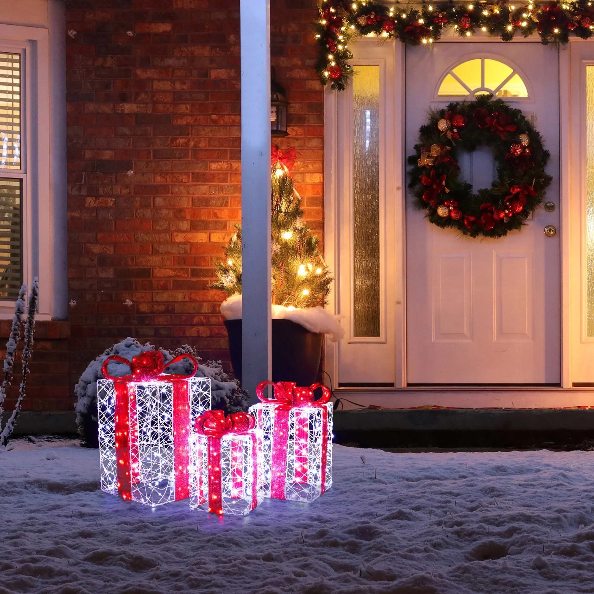 Glitzhome Set of 3 Lighted Christmas 3D Giftbox Decor with 855 White LED Lights - 3D Giftbox