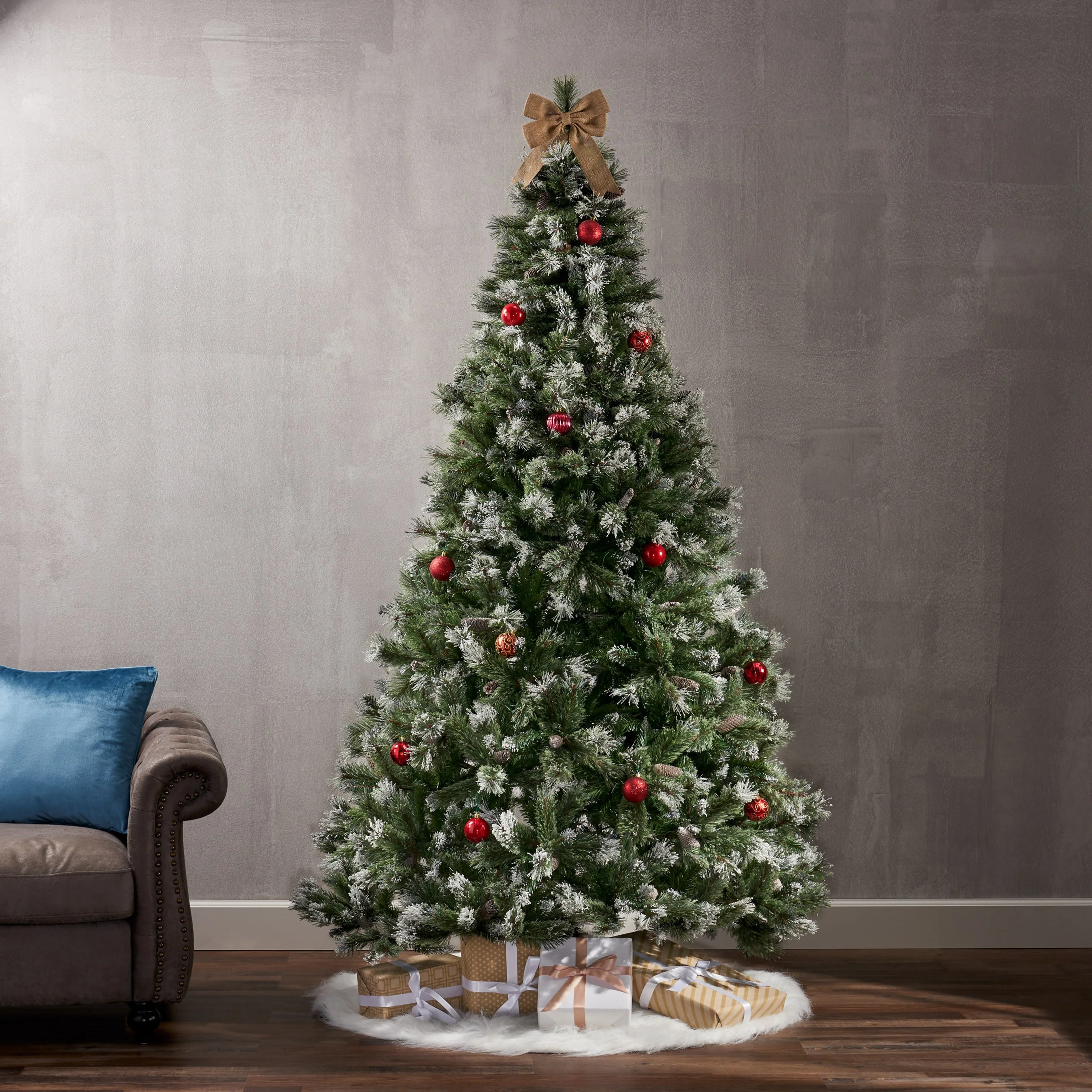 7.5' Snow and Glitter Brilste Christmas Tree with 86 Frosted Pine Cones, Hinged Design, and Iron Stand
