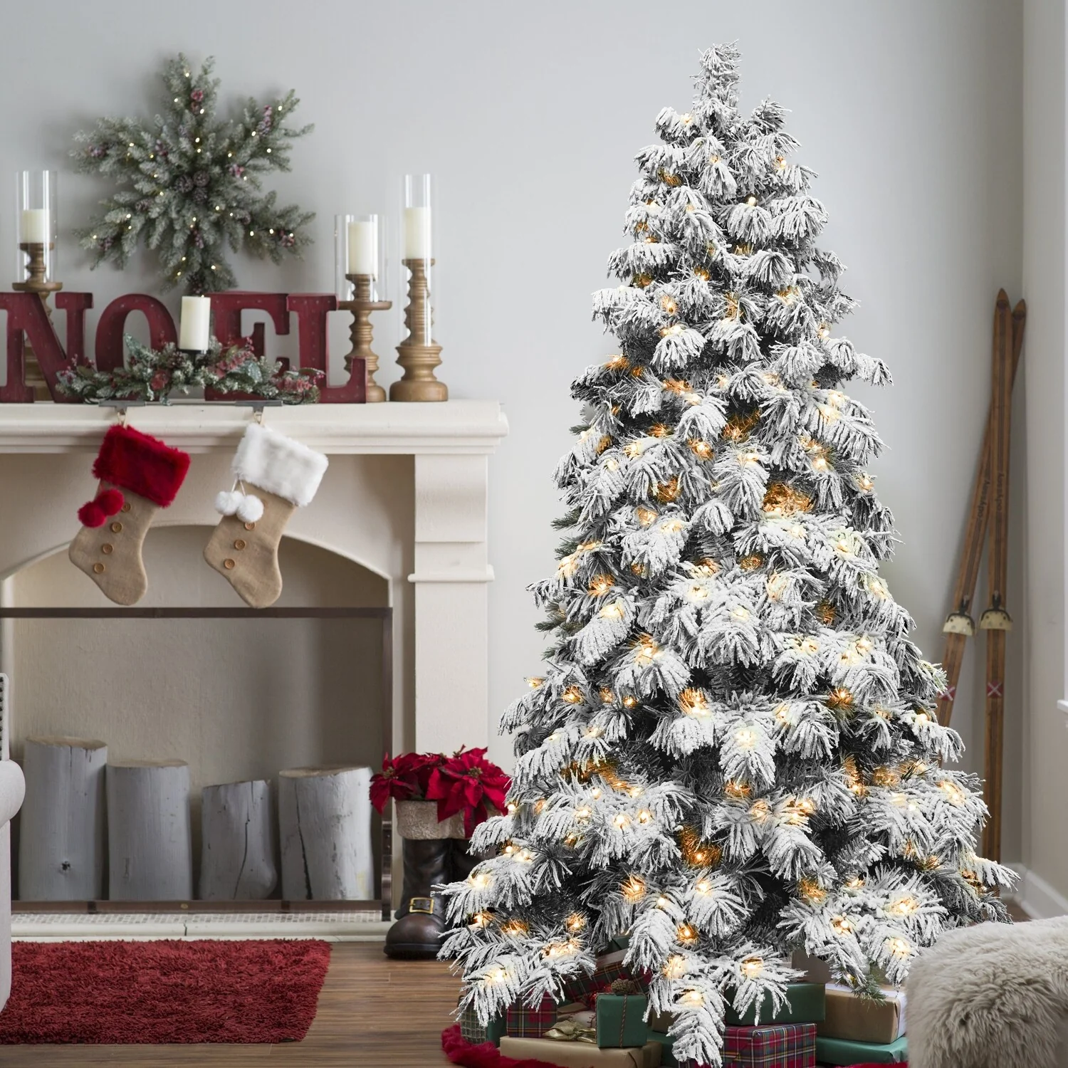 5ft Flocked Scarecrow-Shaped Christmas Tree with 200 Warm White LED Lights,375 PVC Memory Wire Tips,Power Pole&Hinged Structure