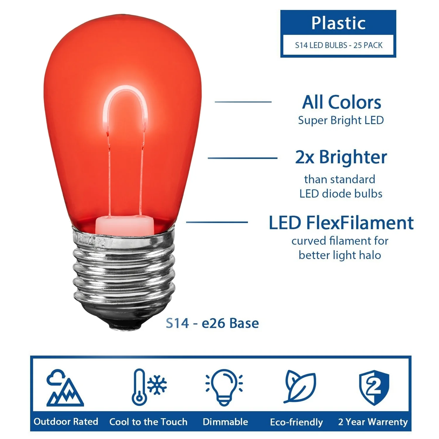 25 Pack LED S14 Outdoor Patio Edison Replacement Bulbs, Multi, E26 Base