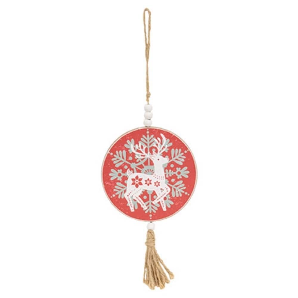 Nordic Wooden Reindeer Ornaments with Beads and Jute Hanger - 2 Asstd. - 4.5” in diameter by .25” deep