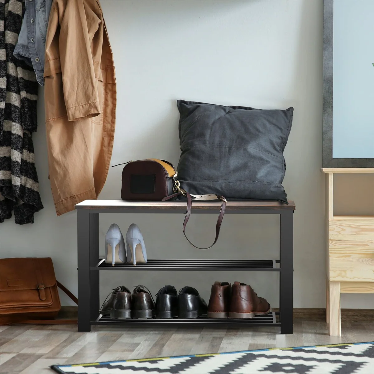Wood Top Shoe Storage Bench for Entryway, Rustic Brown