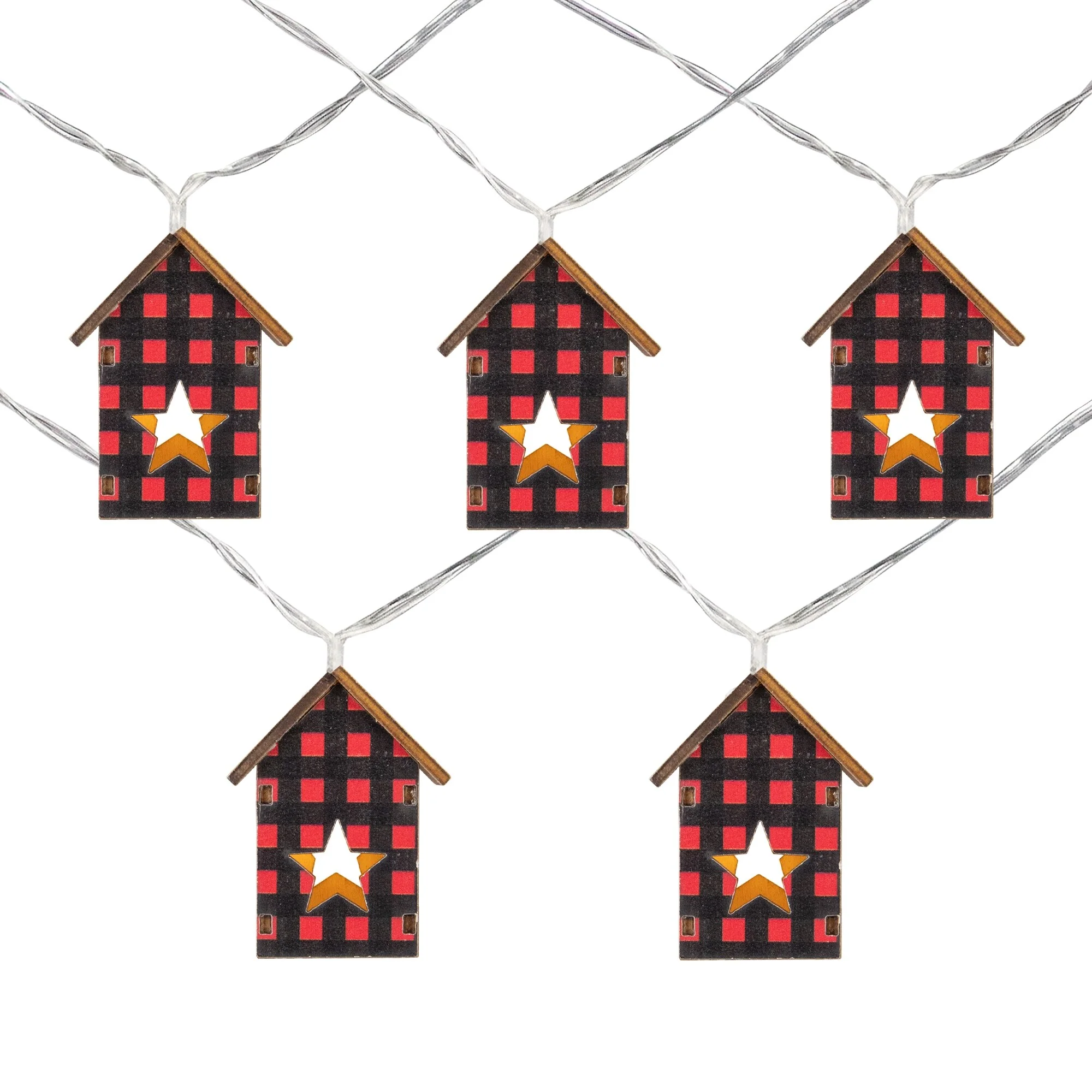 10 Count B/O LED white Plaid House Christmas Lights 4.75' Clear Wire