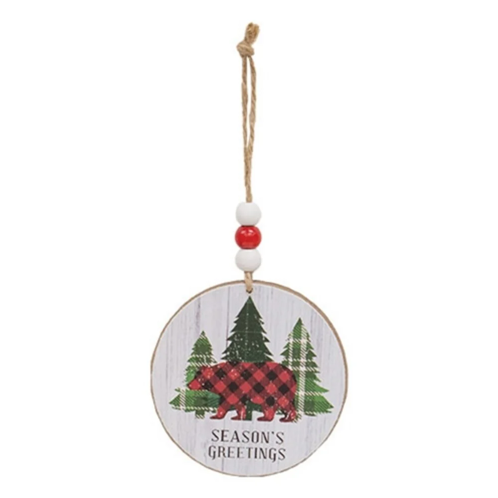 Rustic Woodland Round Christmas Ornaments Plaid Trees and Bear Designs with Jute Hanger 2 Asstd. - 3