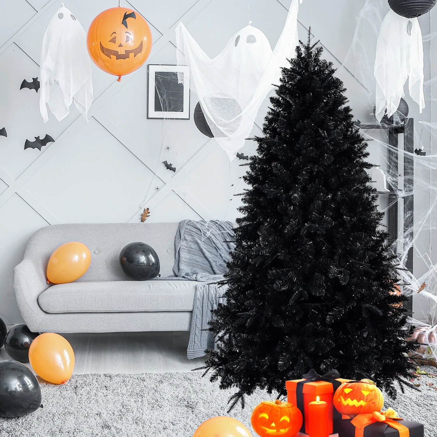 7.5FT Artificial Black Christmas Tree with Metal Hinges 500 Incandescent Lights