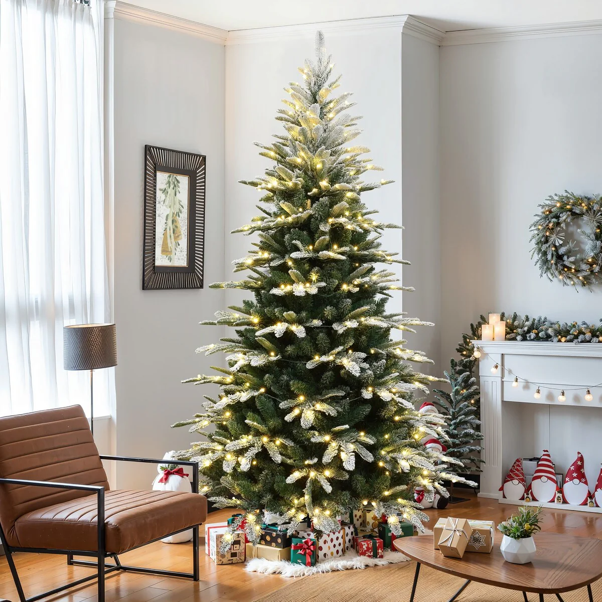 7Ft Pre-Lit Hinged Flocked Fraser Fir Slim Artificial Christmas Tree - 84