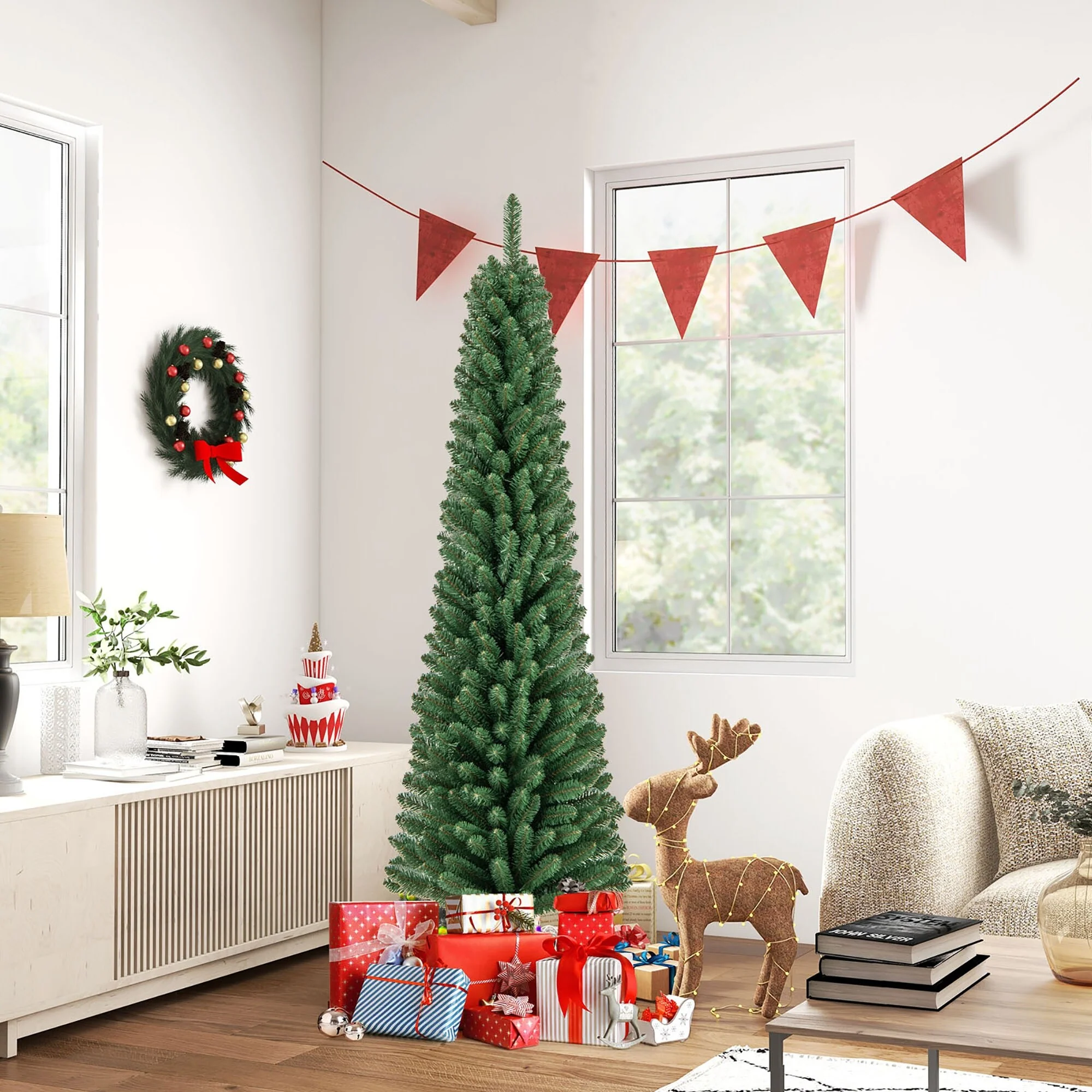 Gymax 5/6 FT Pencil Christmas Tree Artificial Xmas Tree w/ 295/392 - See Details