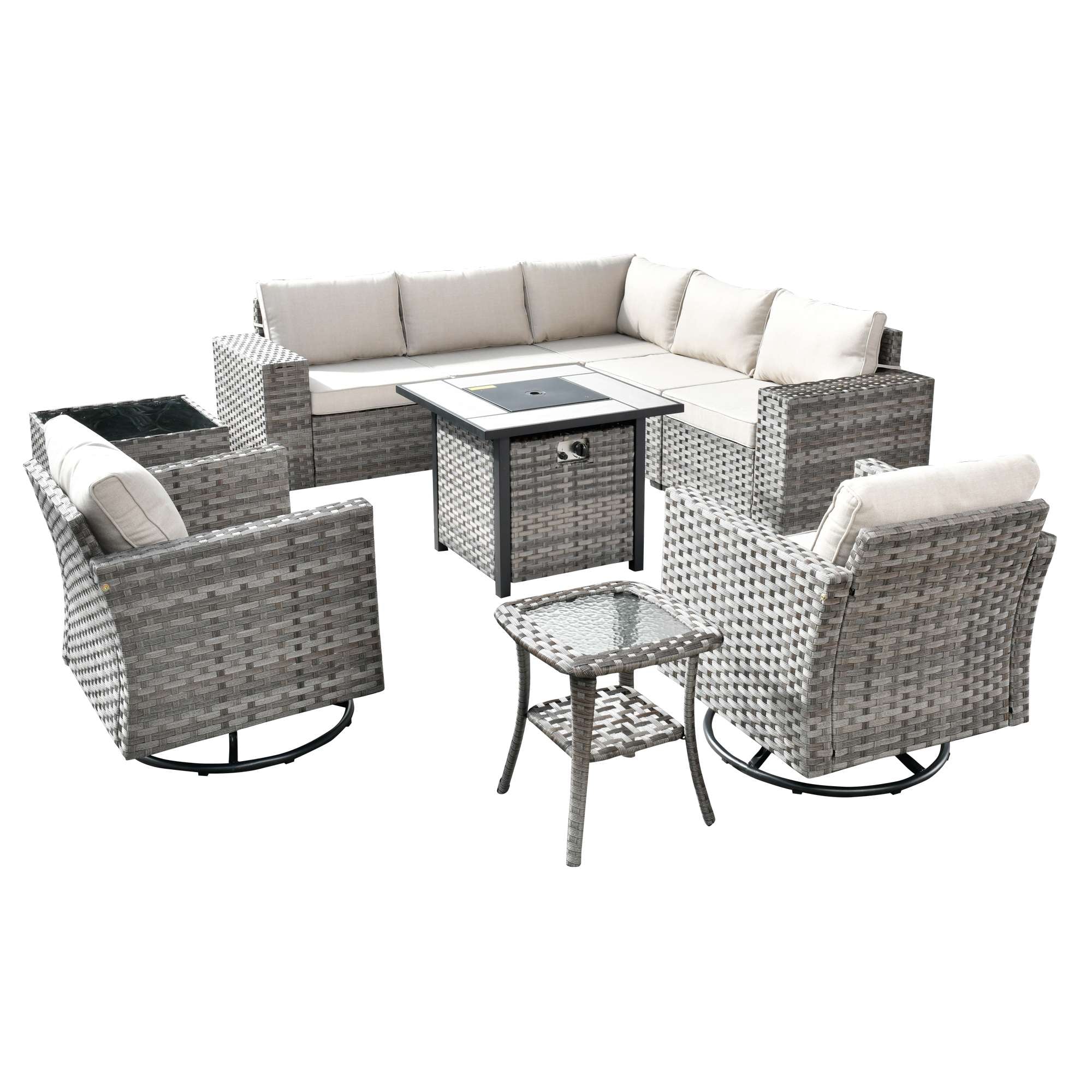 Ovios 10 Pieces Patio Furniture with 7.68'' Handrails and 30'' Fire Pit Table Rocking Chair