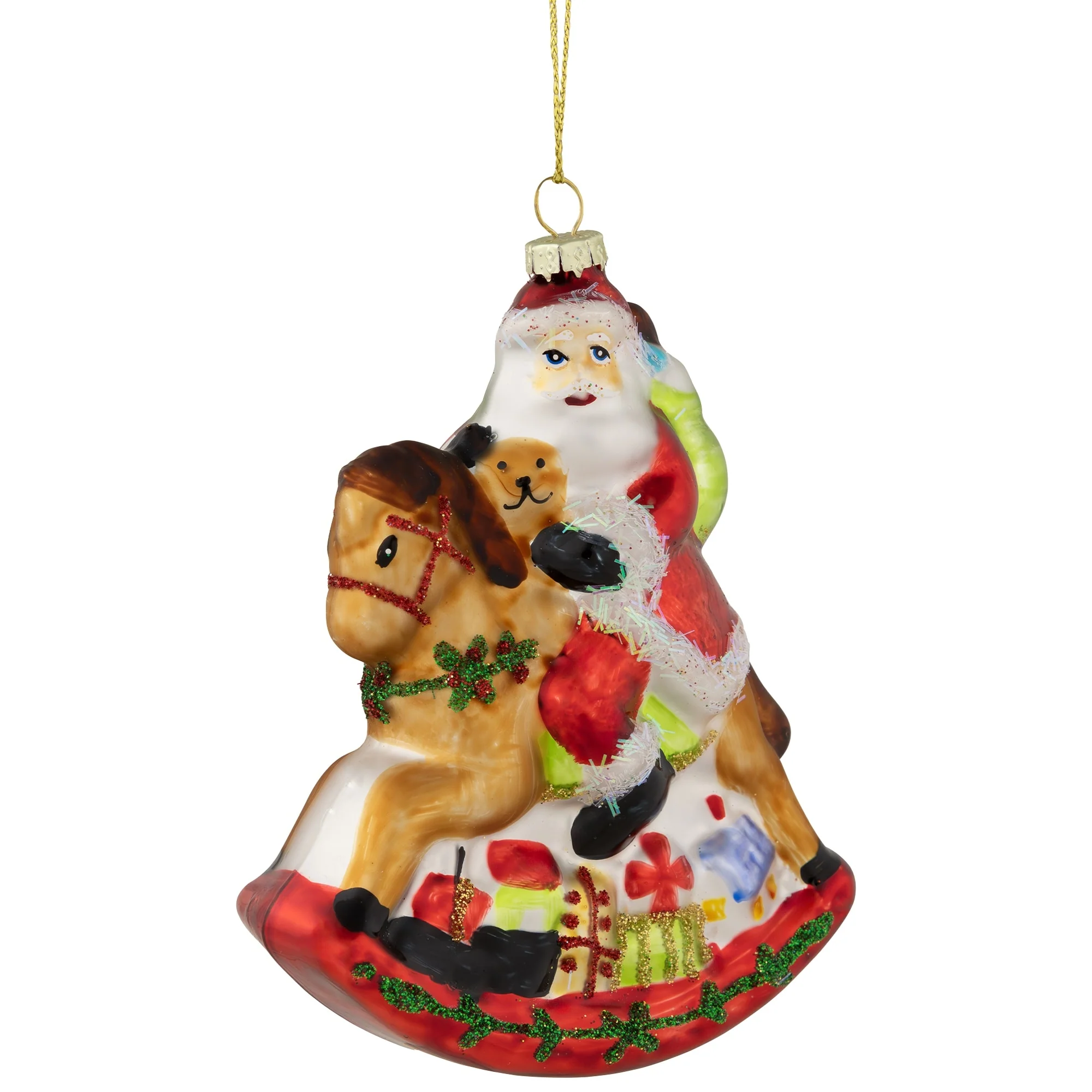 Santa on a Rocking Horse Glittered Glass Christmas Ornament - 4.75