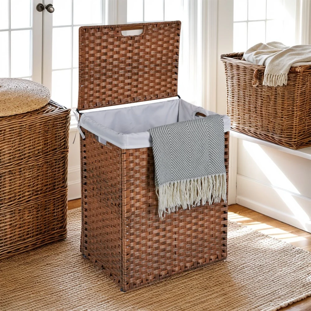 Laundry Hamper with Lid, 100L Wicker Laundry Baskets with 2 Removable Liner Bags - 18