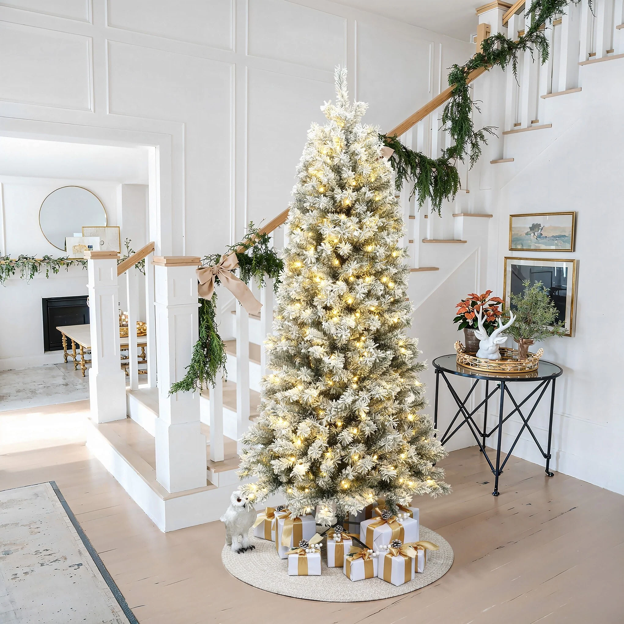7Ft Pre-Lit Snow-Flocked Artificial Christmas Tree with Metal Stand