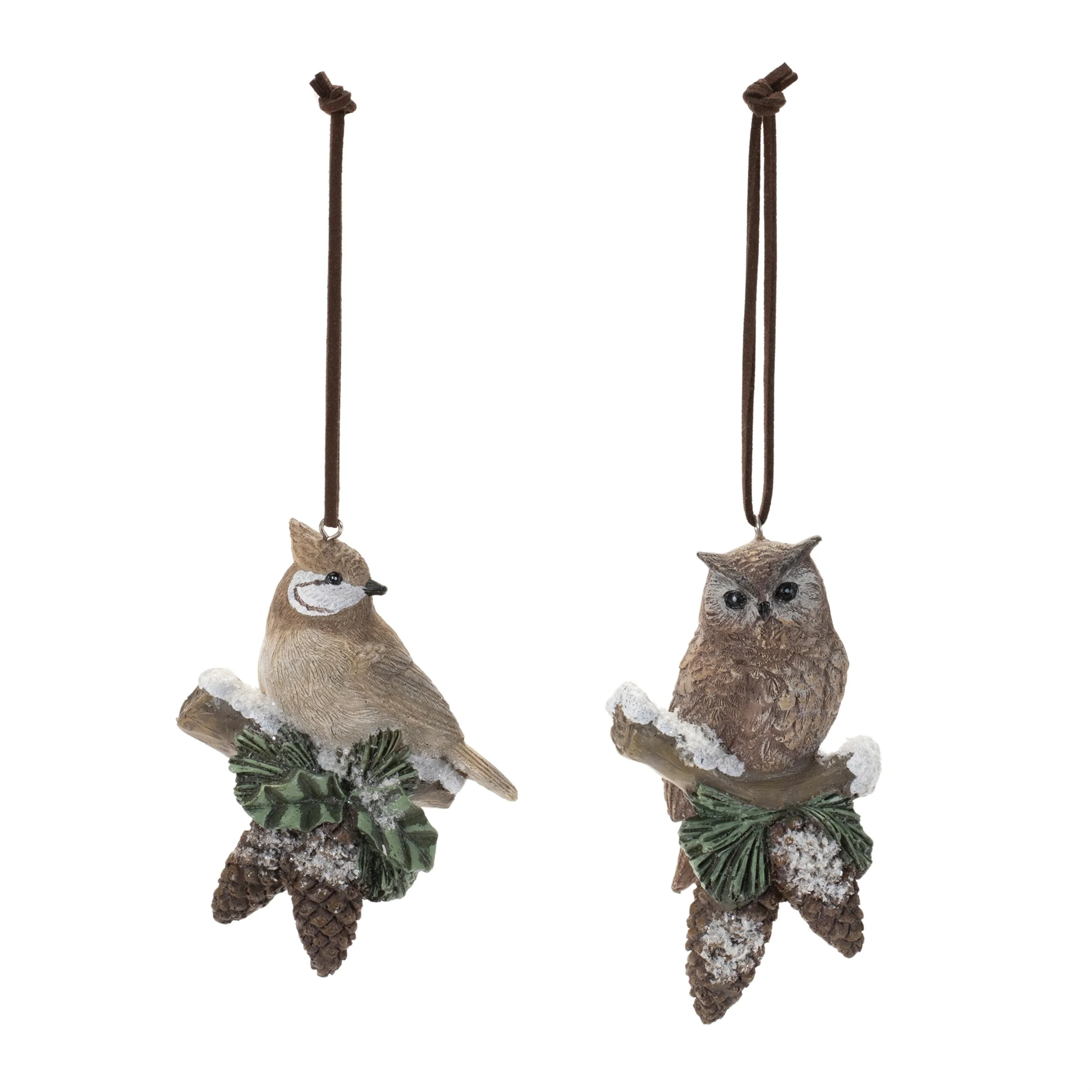 Set of 12 Cardinal and Owl Ornaments with Snow Pine Details - 4” x 3” x 3”
