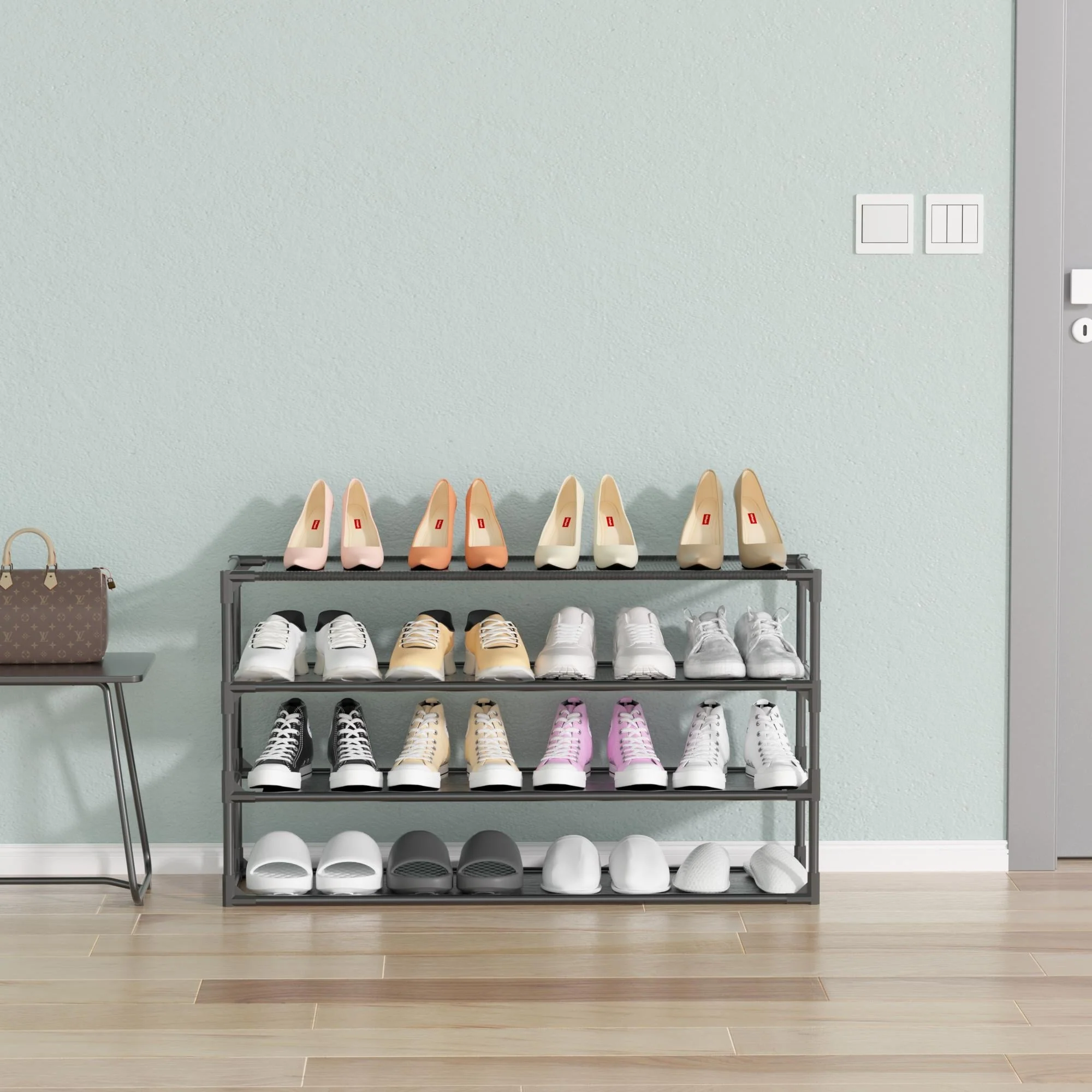 4 Tier Shoe Rack Detachable Non-Woven Waterproof Fabric Shoe Organizer Tower Black