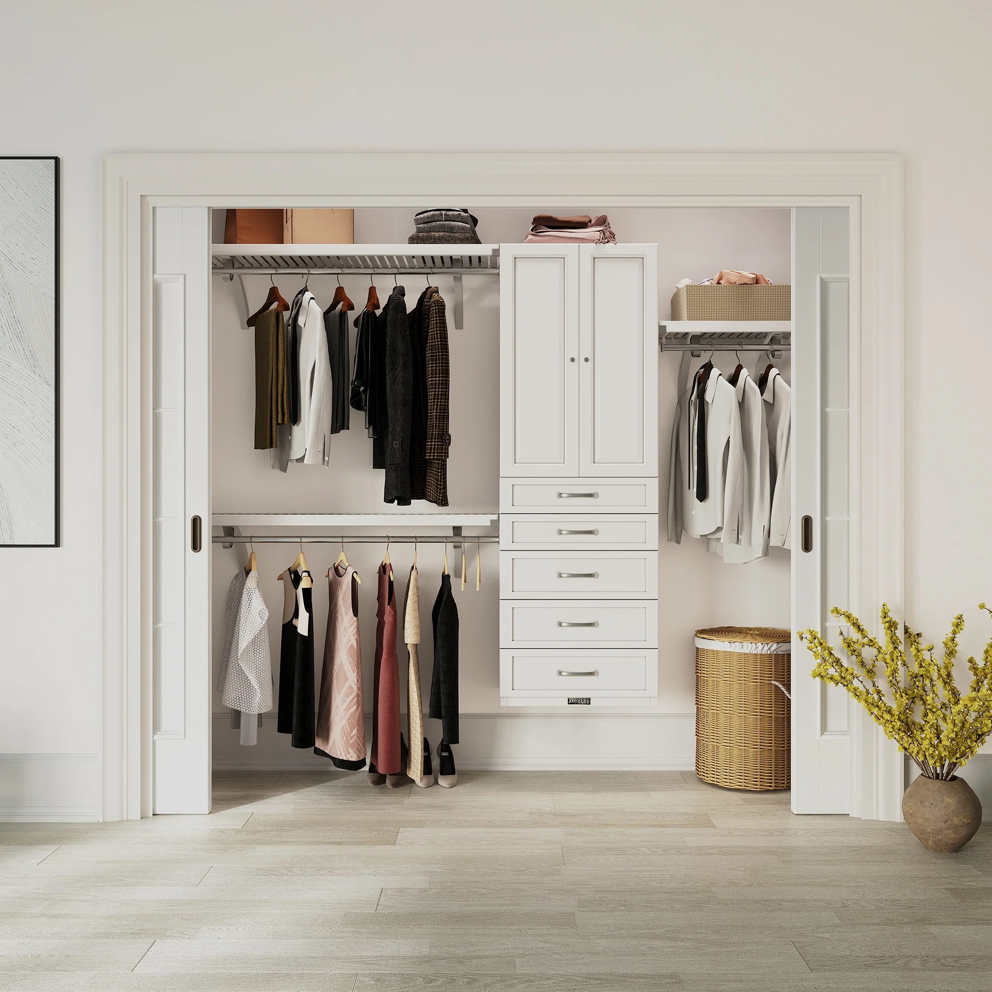 John Louis Home Solid Wood reach-In Closet System with 5-Drawers and Solid Shaker Doors White