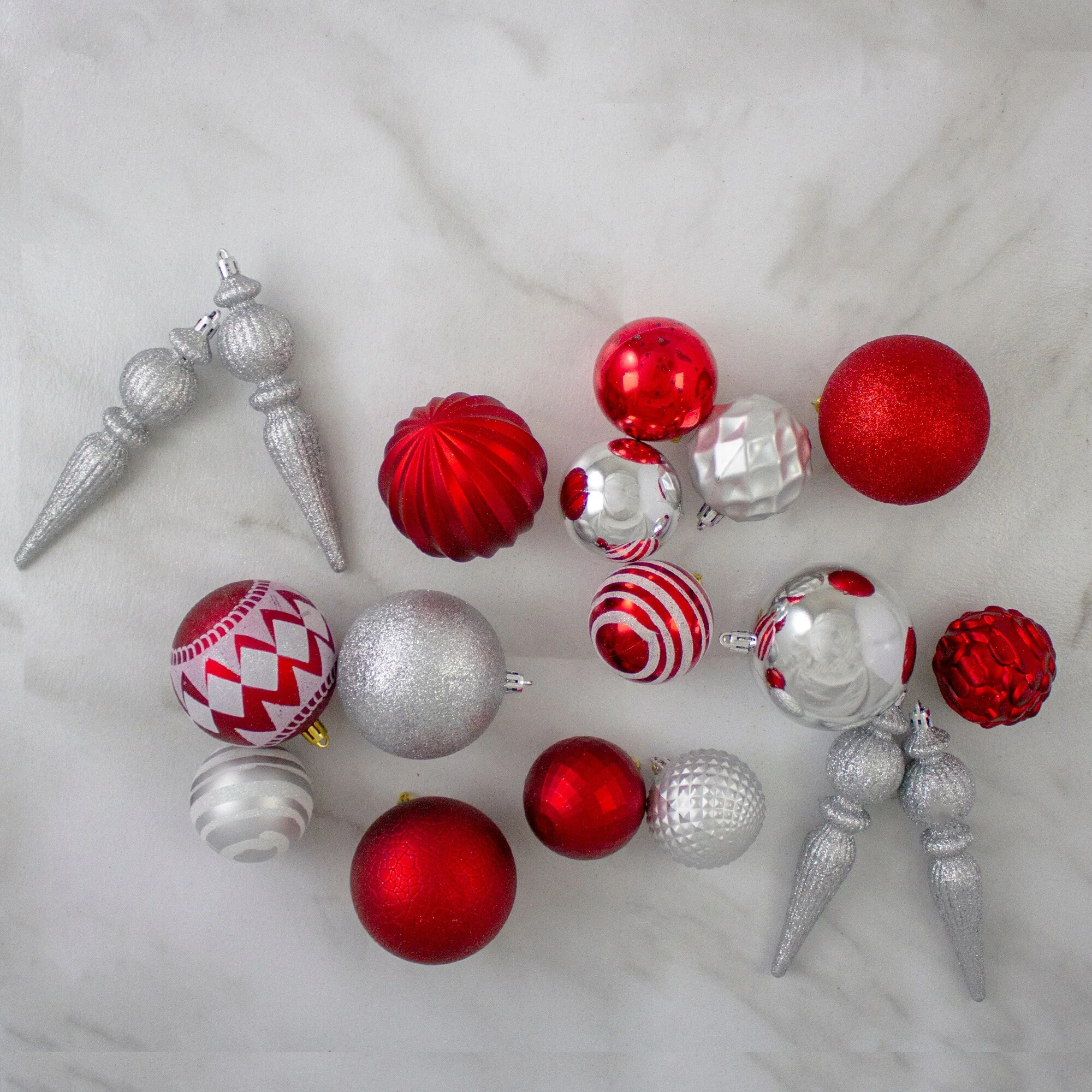 Shatterproof 3-Finish Christmas Ball and Finial Ornaments - Red and Silver - 75ct
