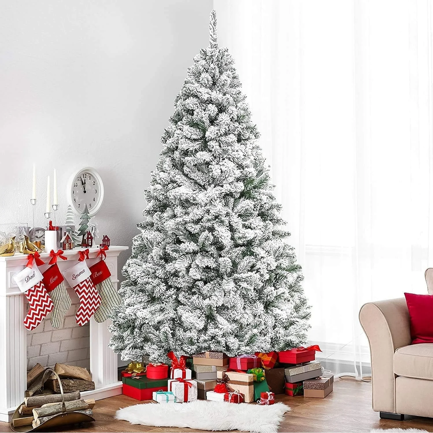 Suncrown 6ft/7ft Artificial Snow Flocked Christmas Tree with Metal Stable Stand Base for Indoor and Outdoor Holiday Decoration