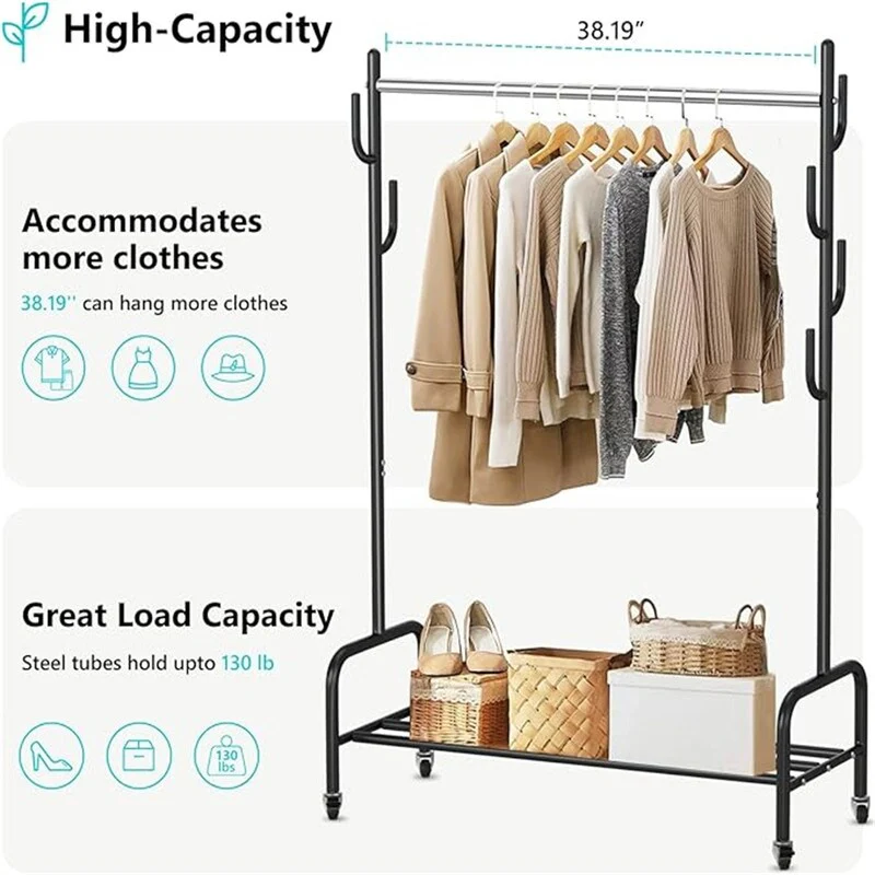 Heavy Duty Clothing Rack with Wheels and Bottom Shelf - 38.19