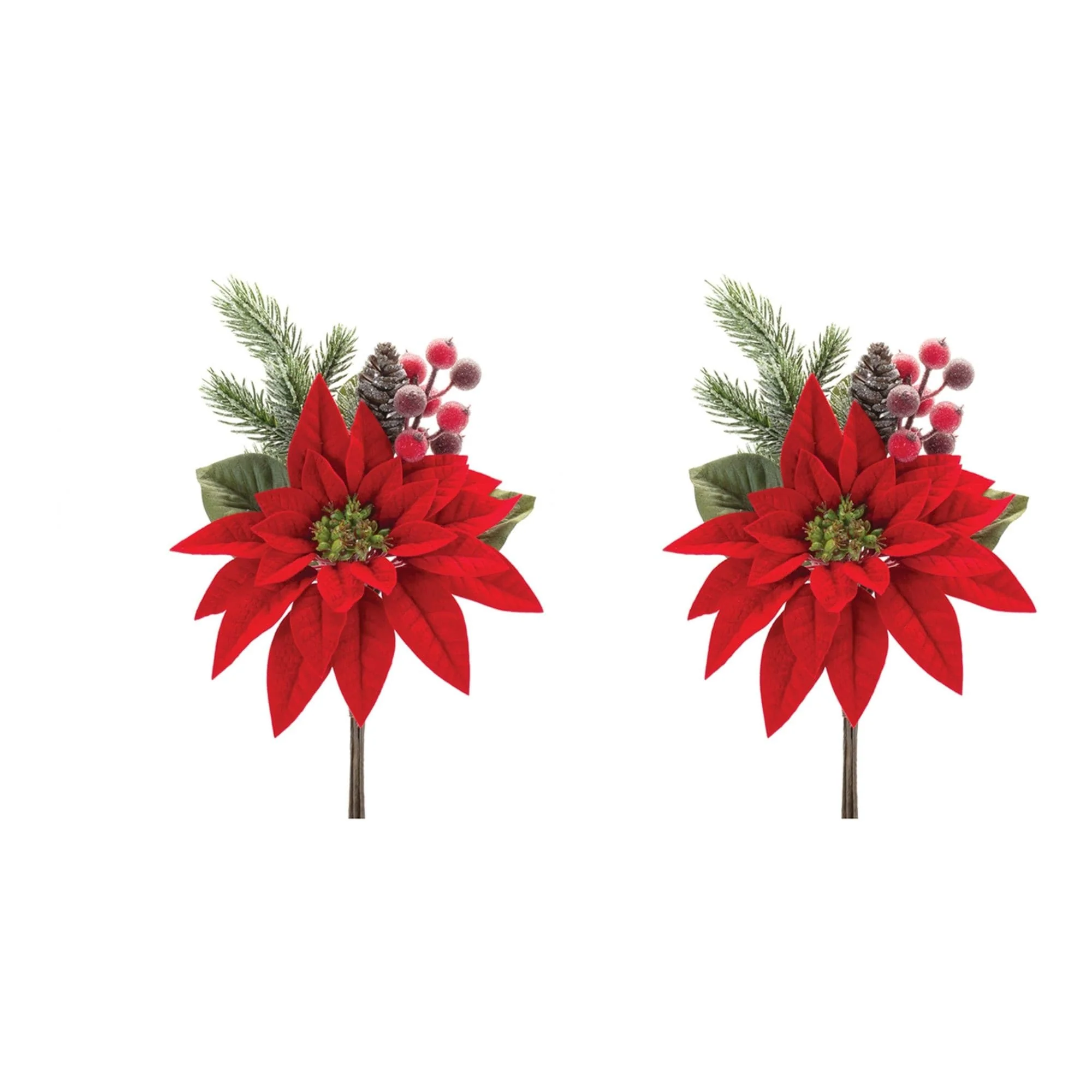 Set of 2 Poinsettia with Berry Artificial Christmas Picks 18