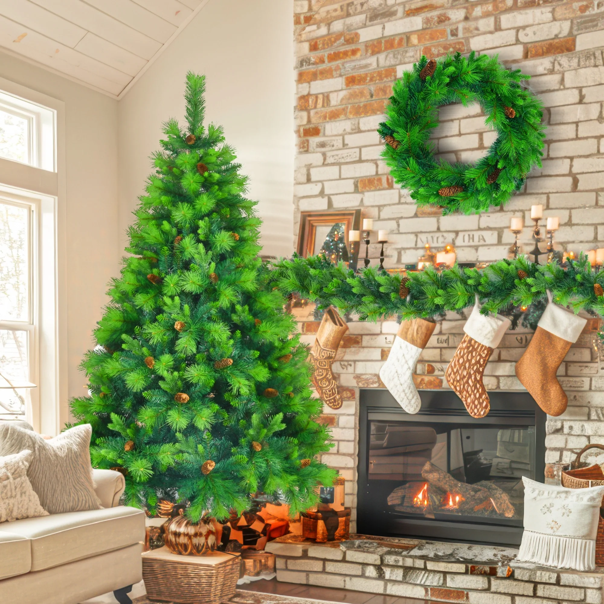 6FT Artificial Grass Green Christmas Tree Set, Pre-Lit with 430 LED Lights, Pine Cones, Wreath & Garland, Ideal for Home