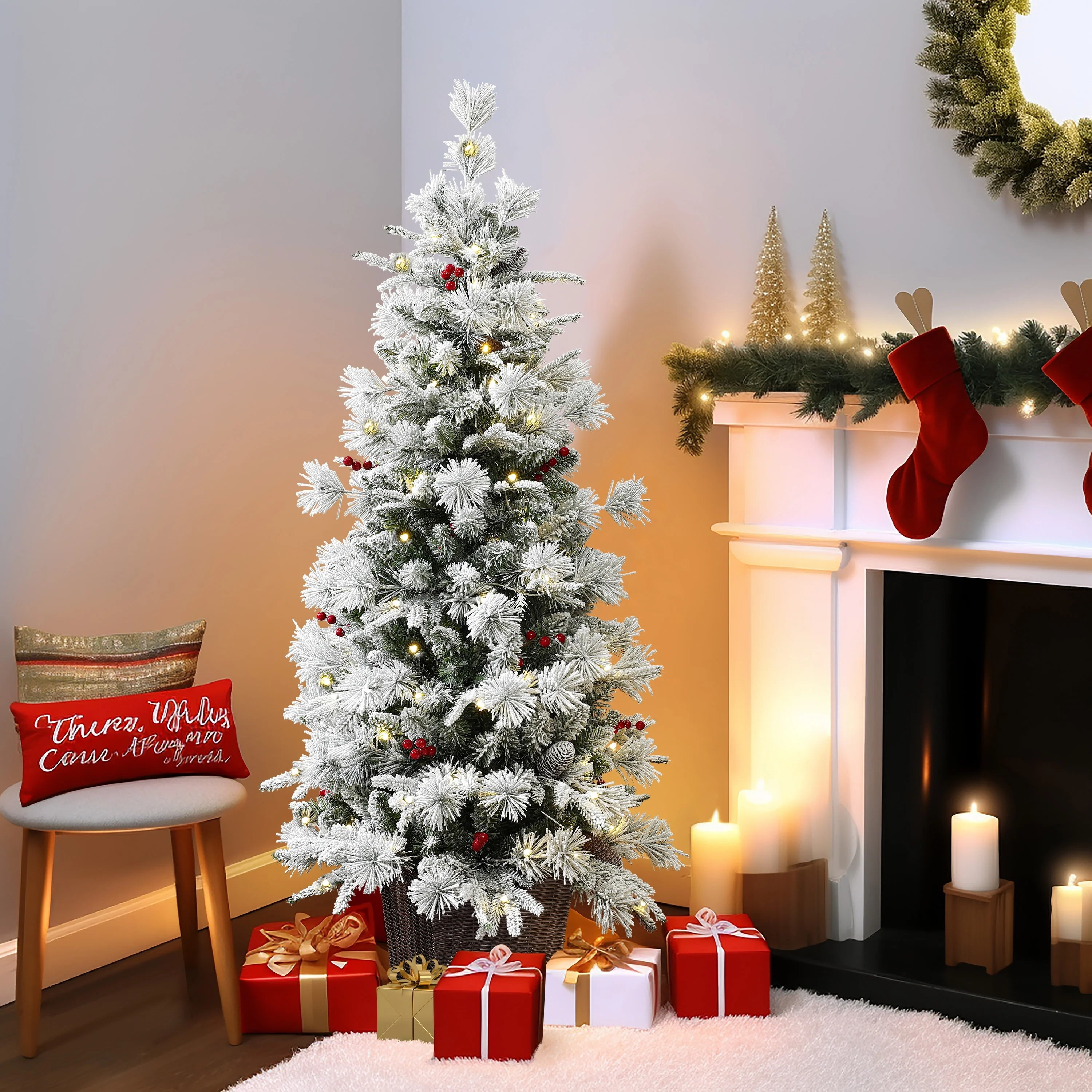 4.5Ft Pre-Lit Snow Flocked Full Pine Potted Artificial Christmas Tree - 54