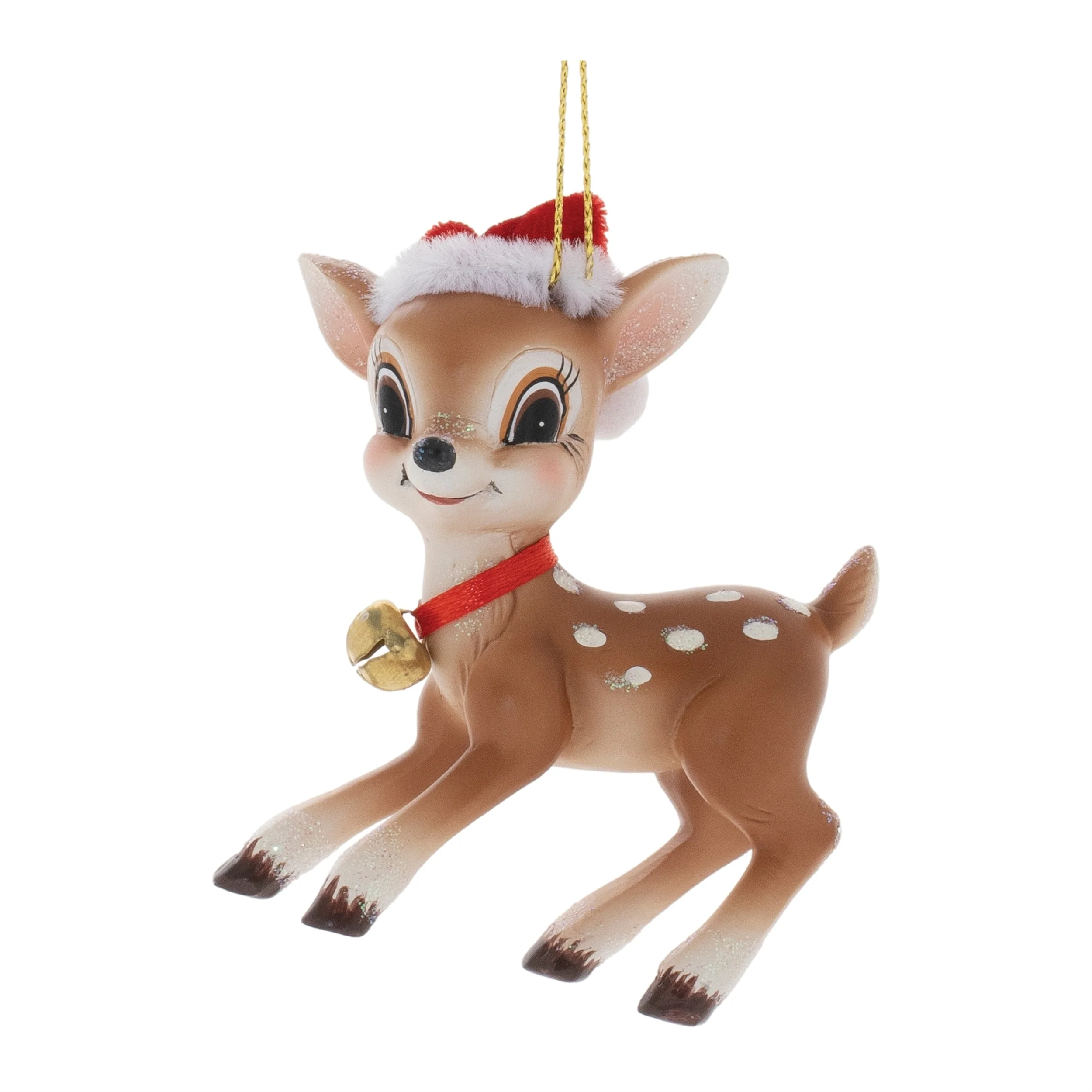 Set of 12 Polyresin Brown and White Reindeer Christmas Ornaments with Santa Hat and Bell for Festive Decor