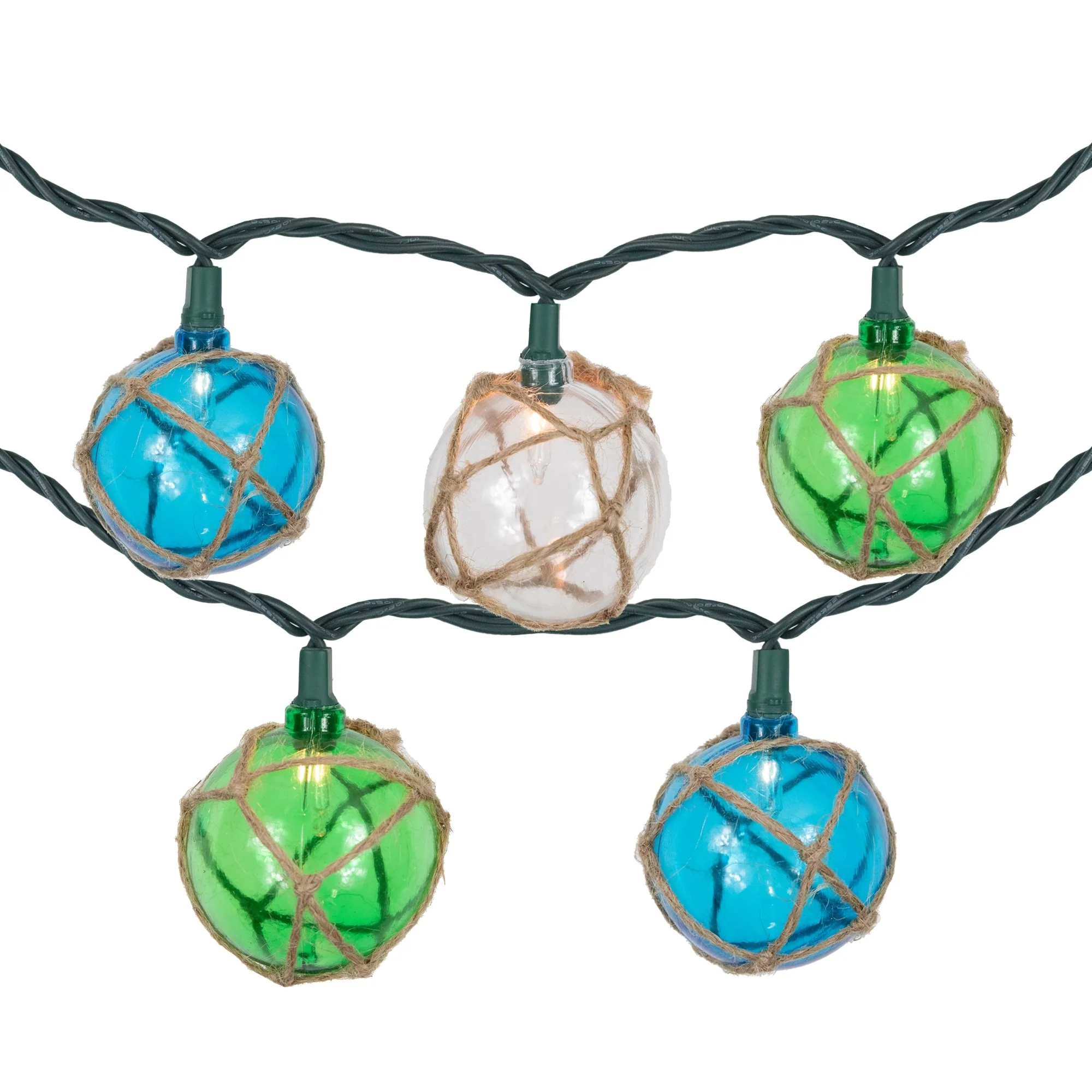 Jute Wrapped Ball Patio Light Set Blue Green 6' Green Wire 10ct