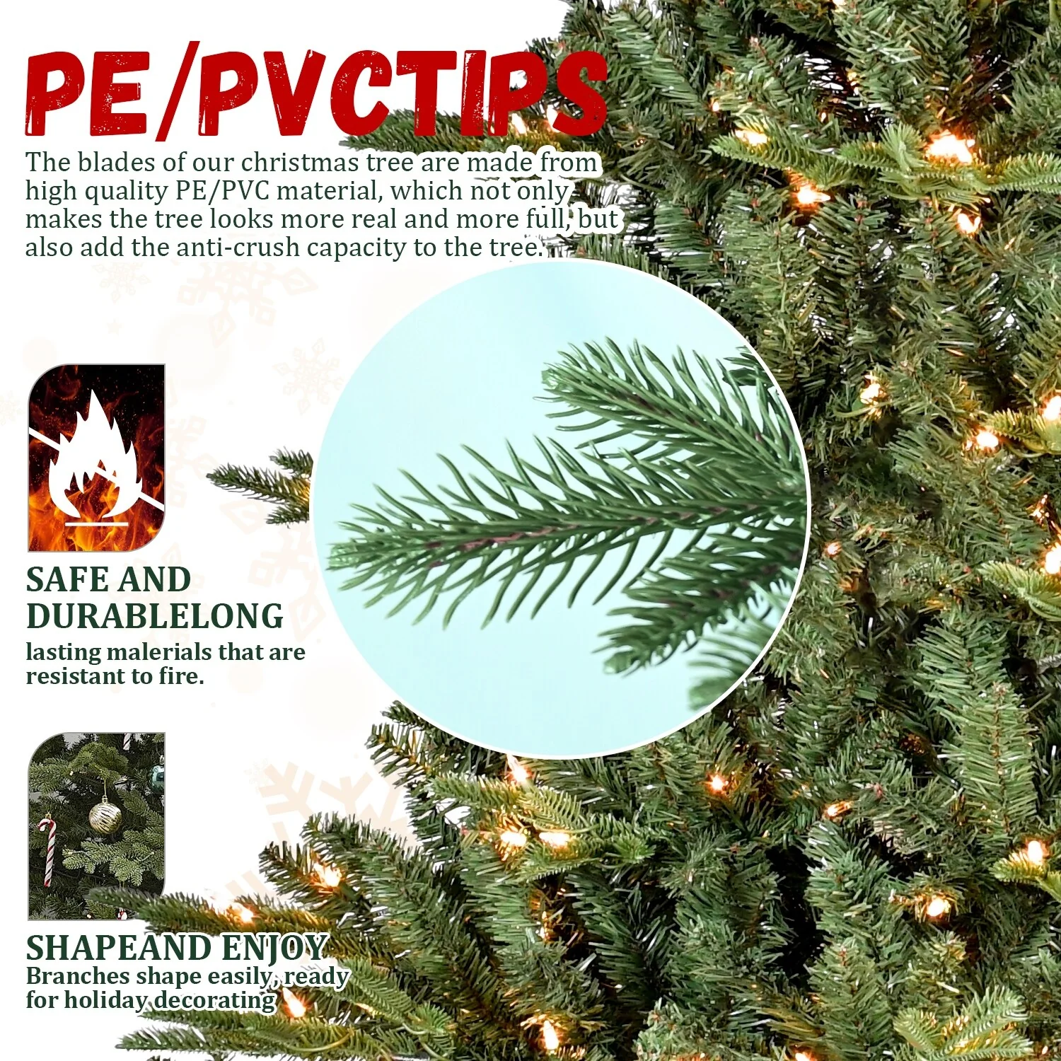 Premium 7FT Christmas Tree with Hinged Branches, Foldable Stand and PE PVC Construction, Holiday Party Atmosphere Decoration