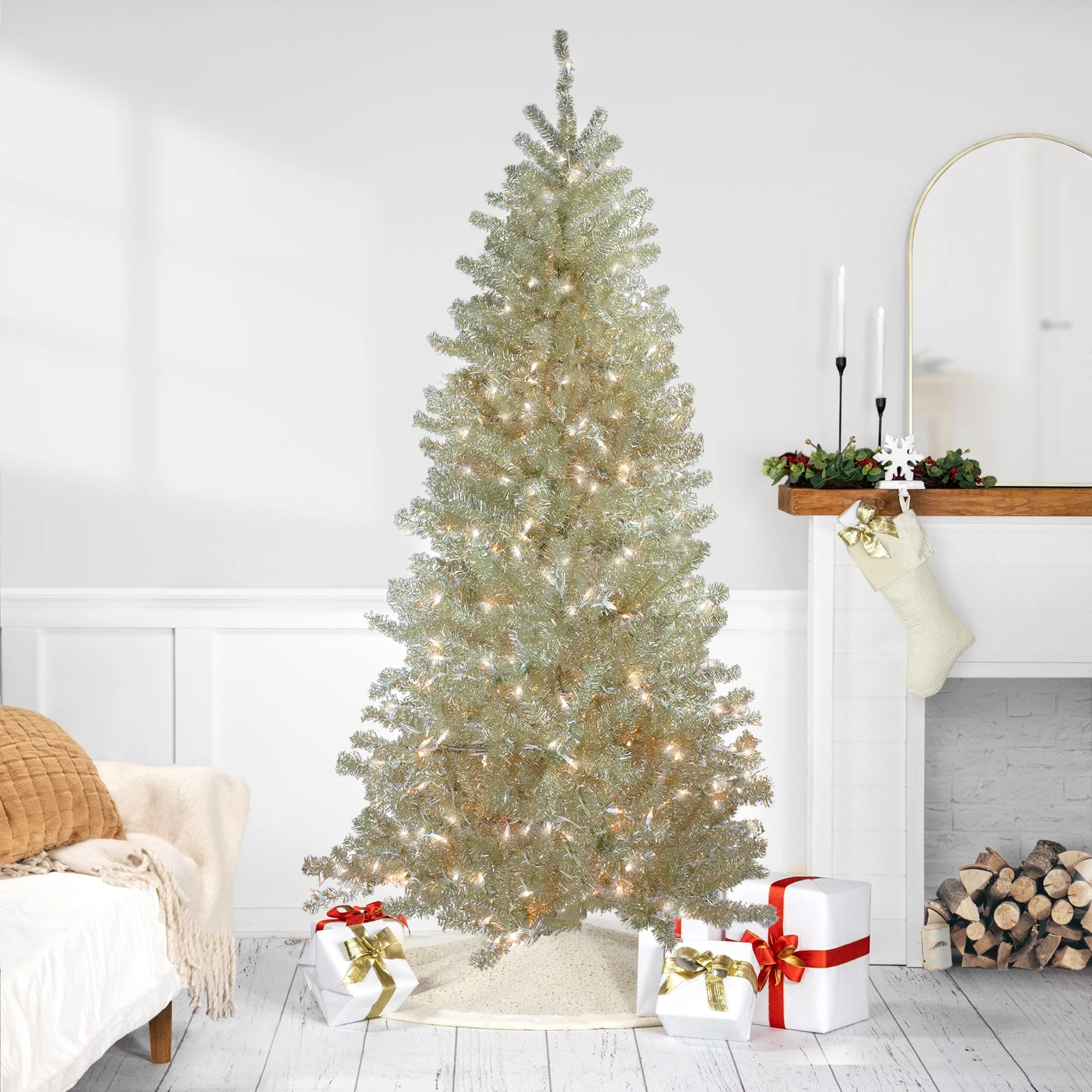 Sheer Champagne Artificial Tinsel Christmas Tree - 7 ft Clear Light - 7 Foot