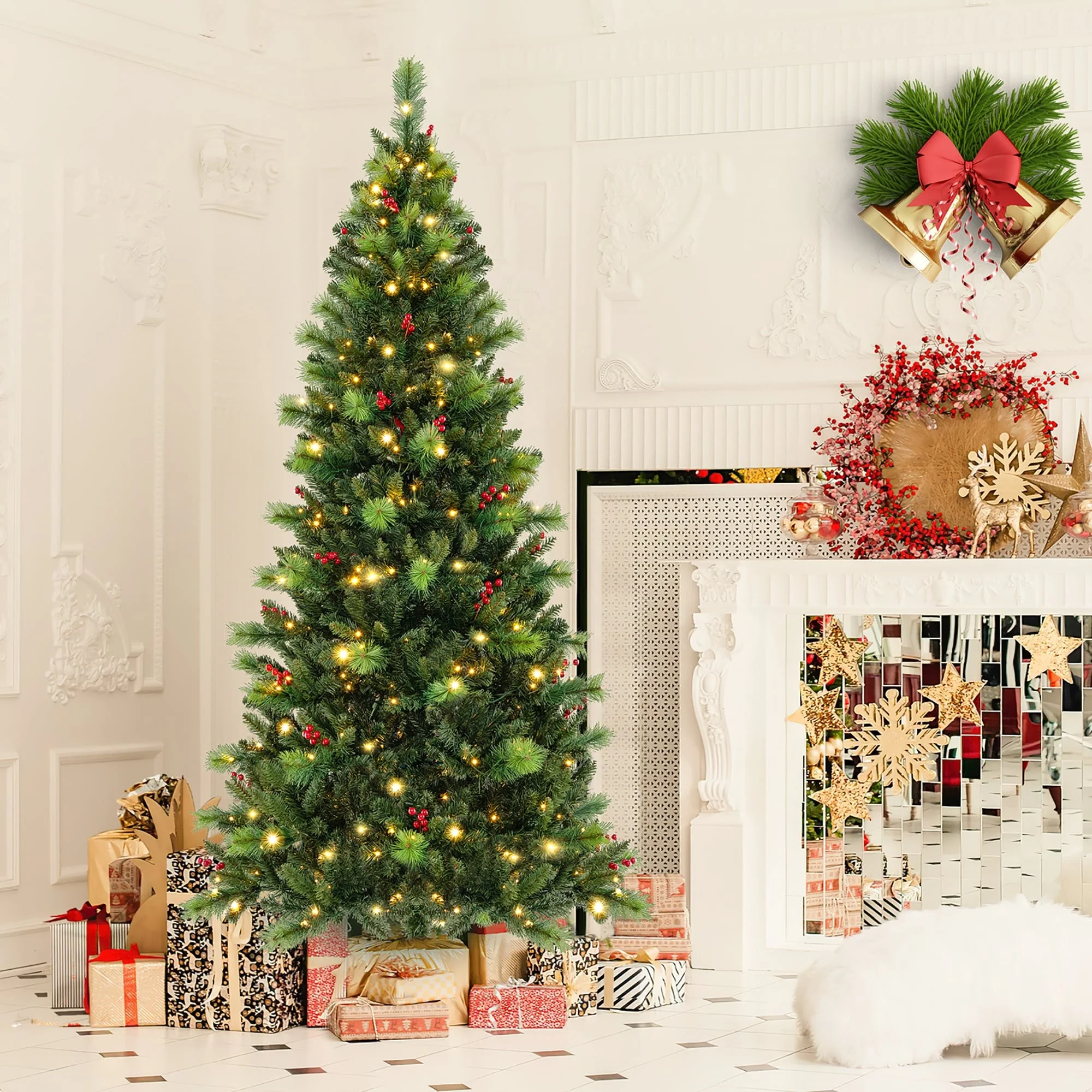 Gymax 7 FT Pre-Lit Artificial Christmas Tree w/ 974 Branch Tips & 400