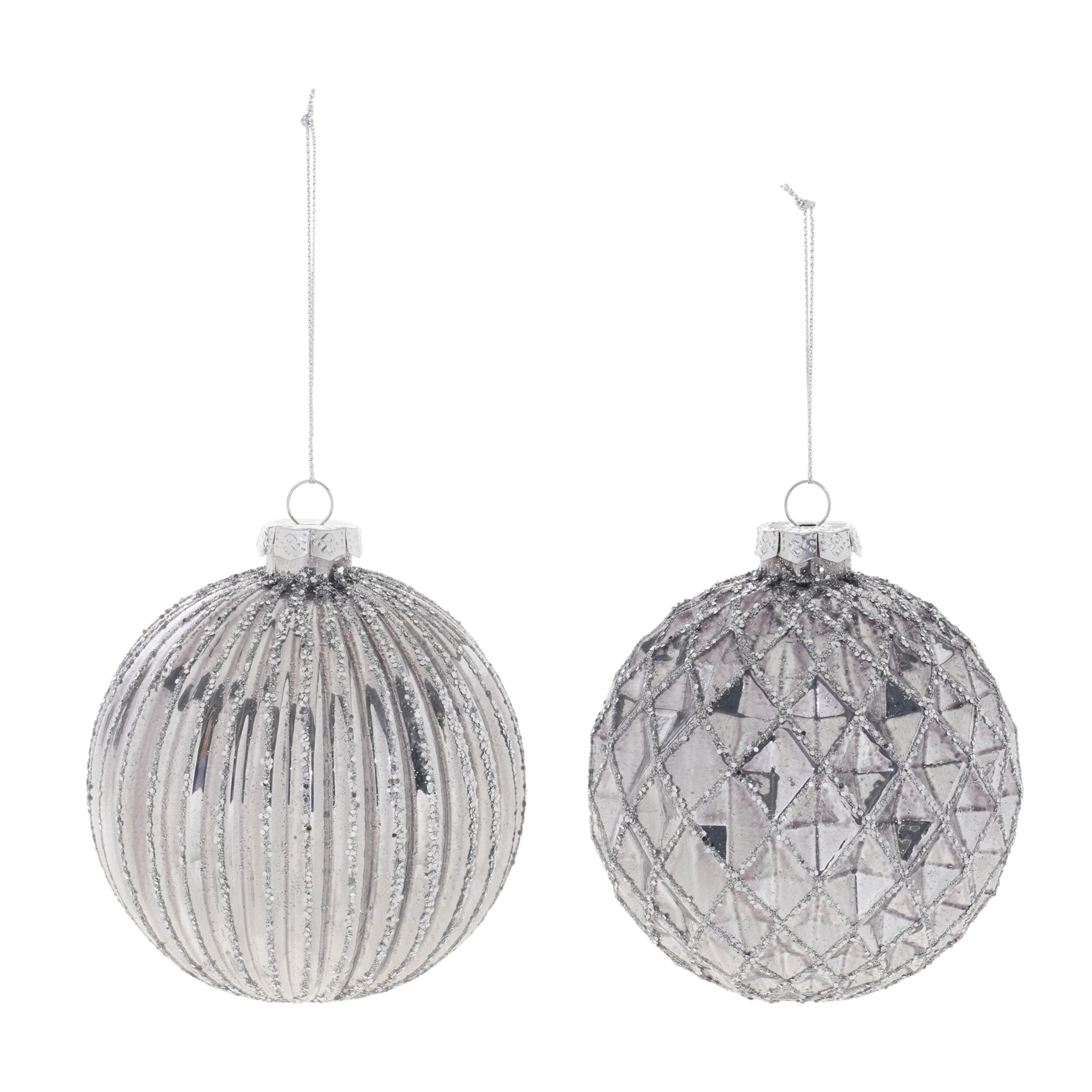 Silver Glass Glittered Ball Ornaments Set of 6 with Ribbed and Harlequin Textures - 3.75” x 3.75” x 4” (L x W x H)