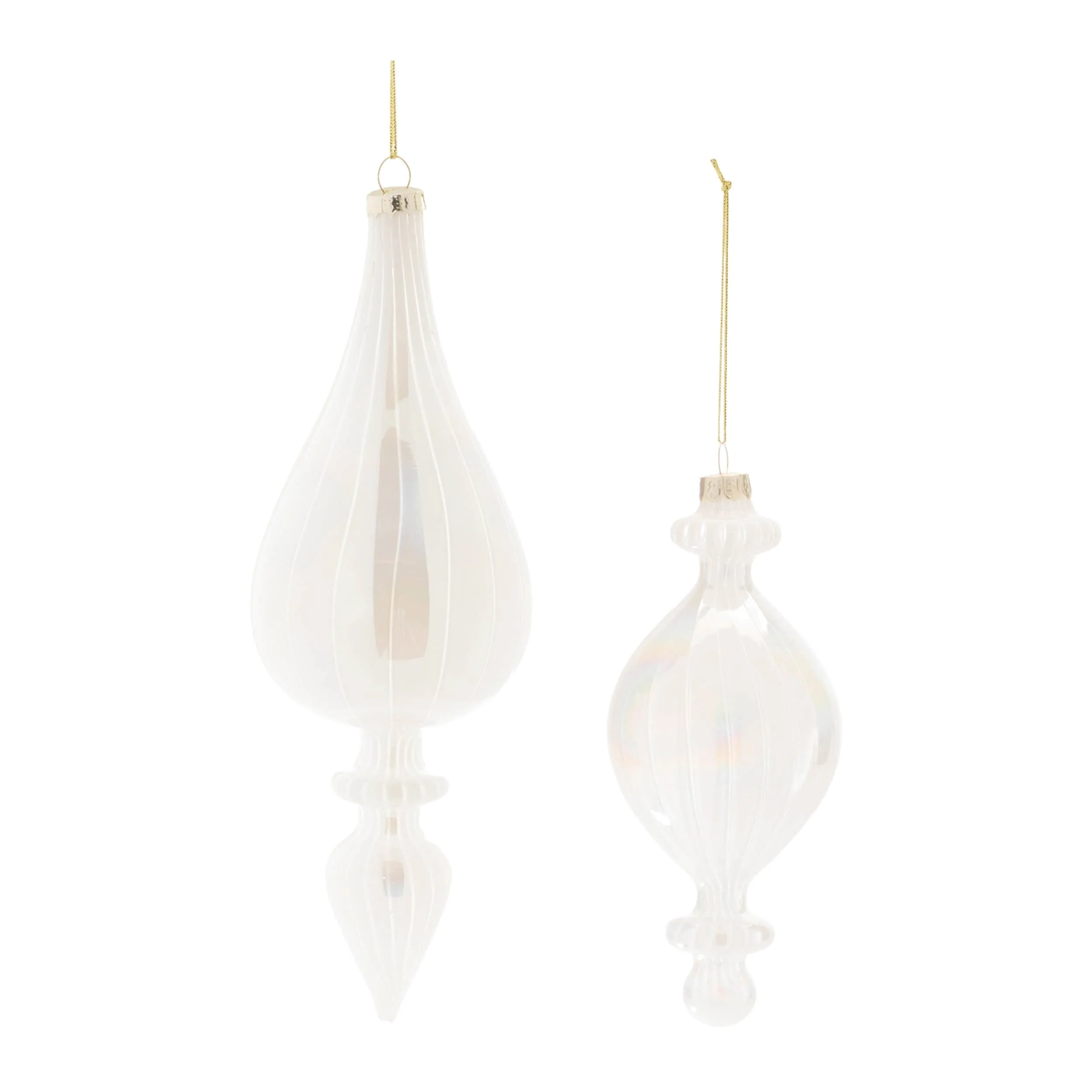White Iridescent Glass Ribbed Finial Ornaments Set of 6 Holiday Decor - 3” x 3” x 9” (L x W x H)