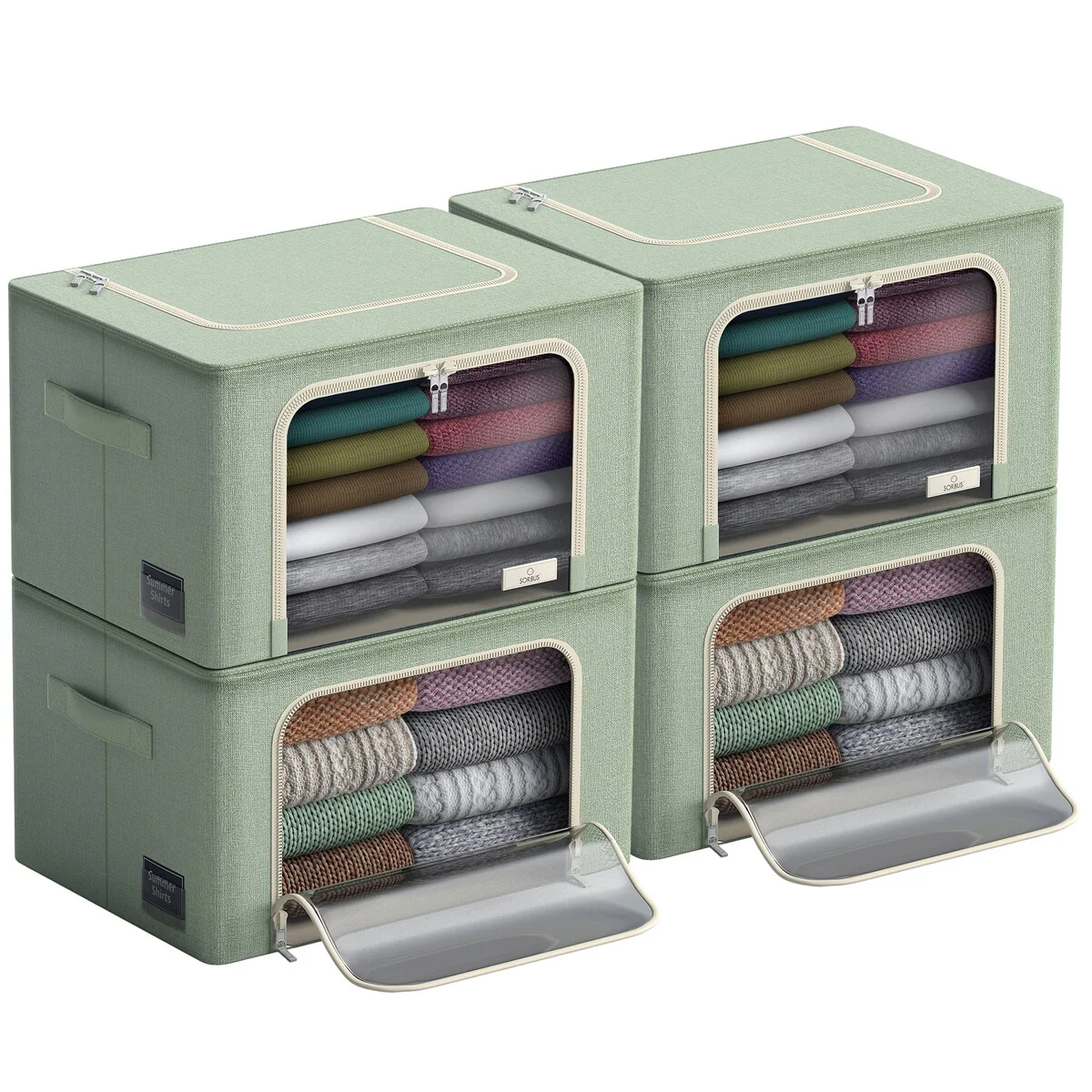 Sorbus Storage Bins with Metal Frame Stackable Foldable Clothes Organizer Bags Oxford Fabric With Clear Window & Handles- 4Pk