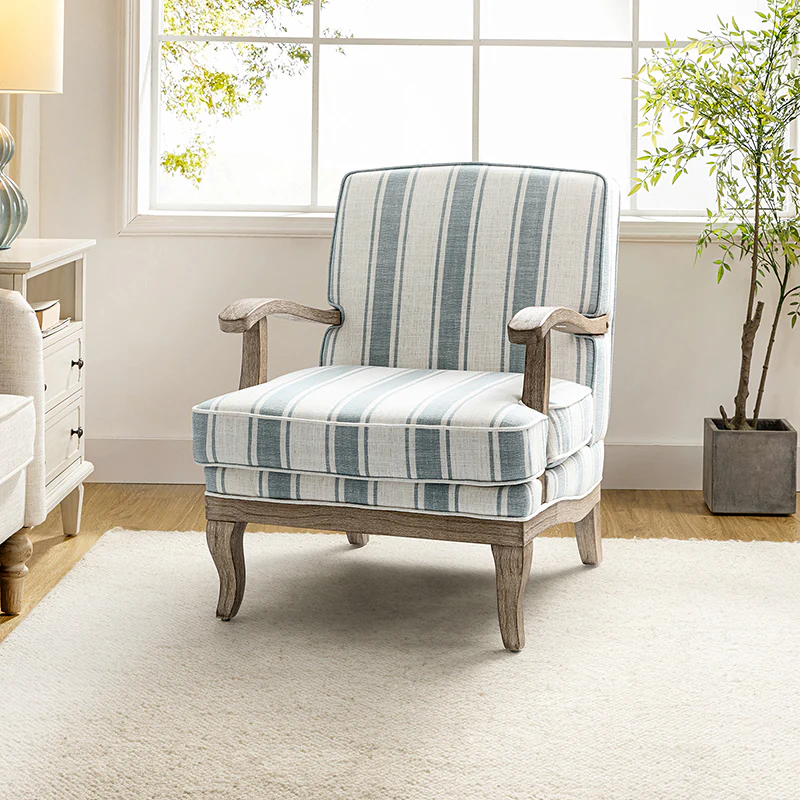 Randolph Romantic Upholstered Stripes Armchair with Solid Wood Armrests