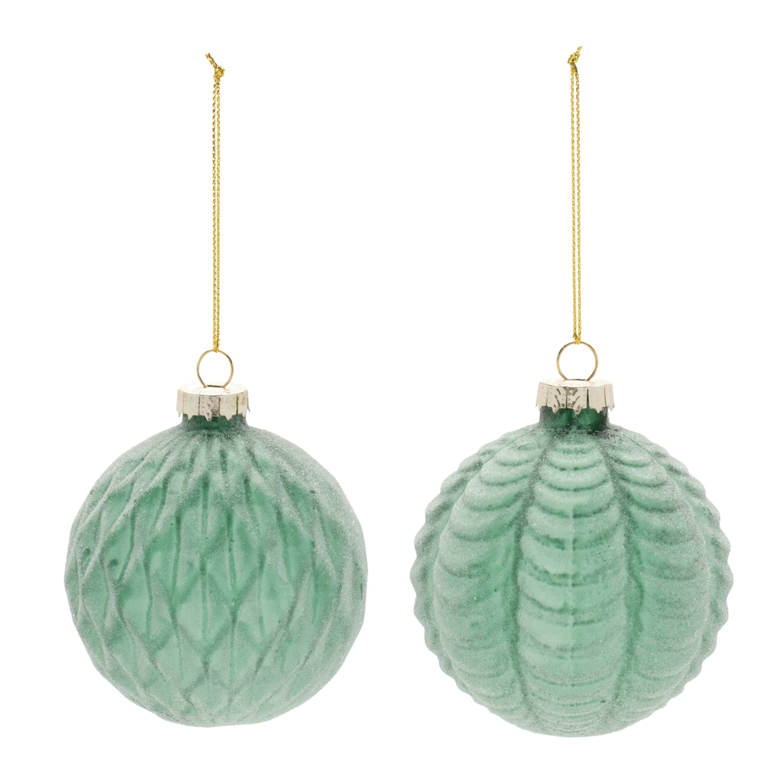 Green Glass Frosted Textured Ball Ornaments Set of 12 Holiday Decor - 3” x 3” x 3.5” (L x W x H)