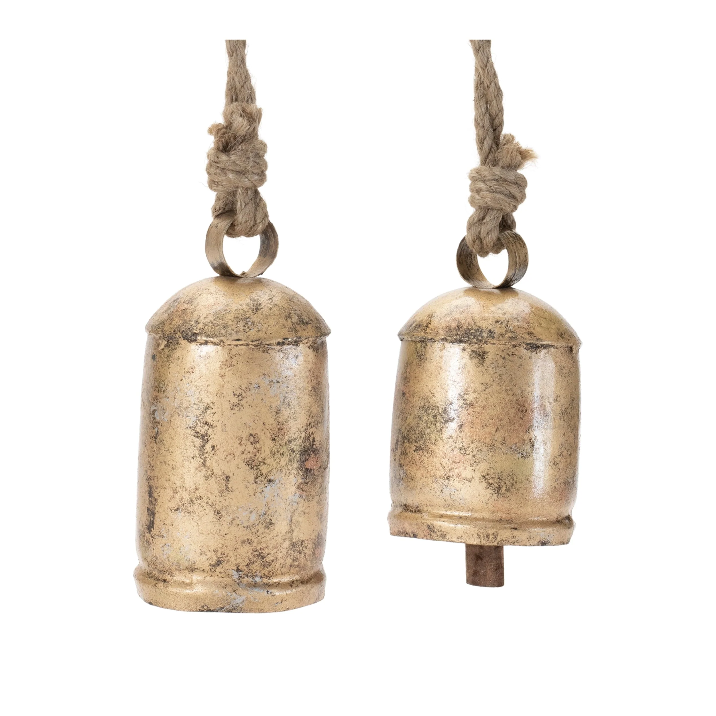 Set of 2 Distressed Gold Iron Bell Ornaments with Wooden Clapper for Farmhouse Holiday Decor - 3.25”L x 3.25”W x 6.5”H
