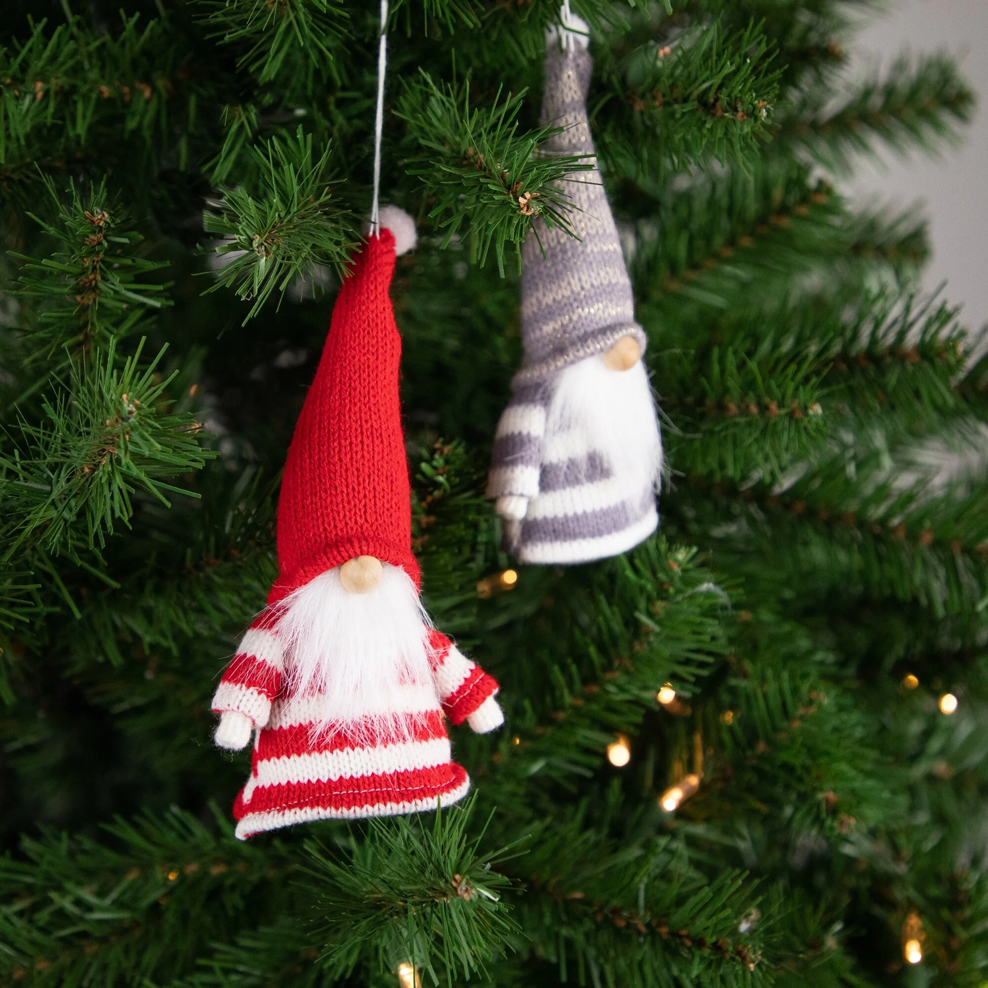Set of 2 Red and Gray Striped Gnome Plush Christmas Ornaments 6.25