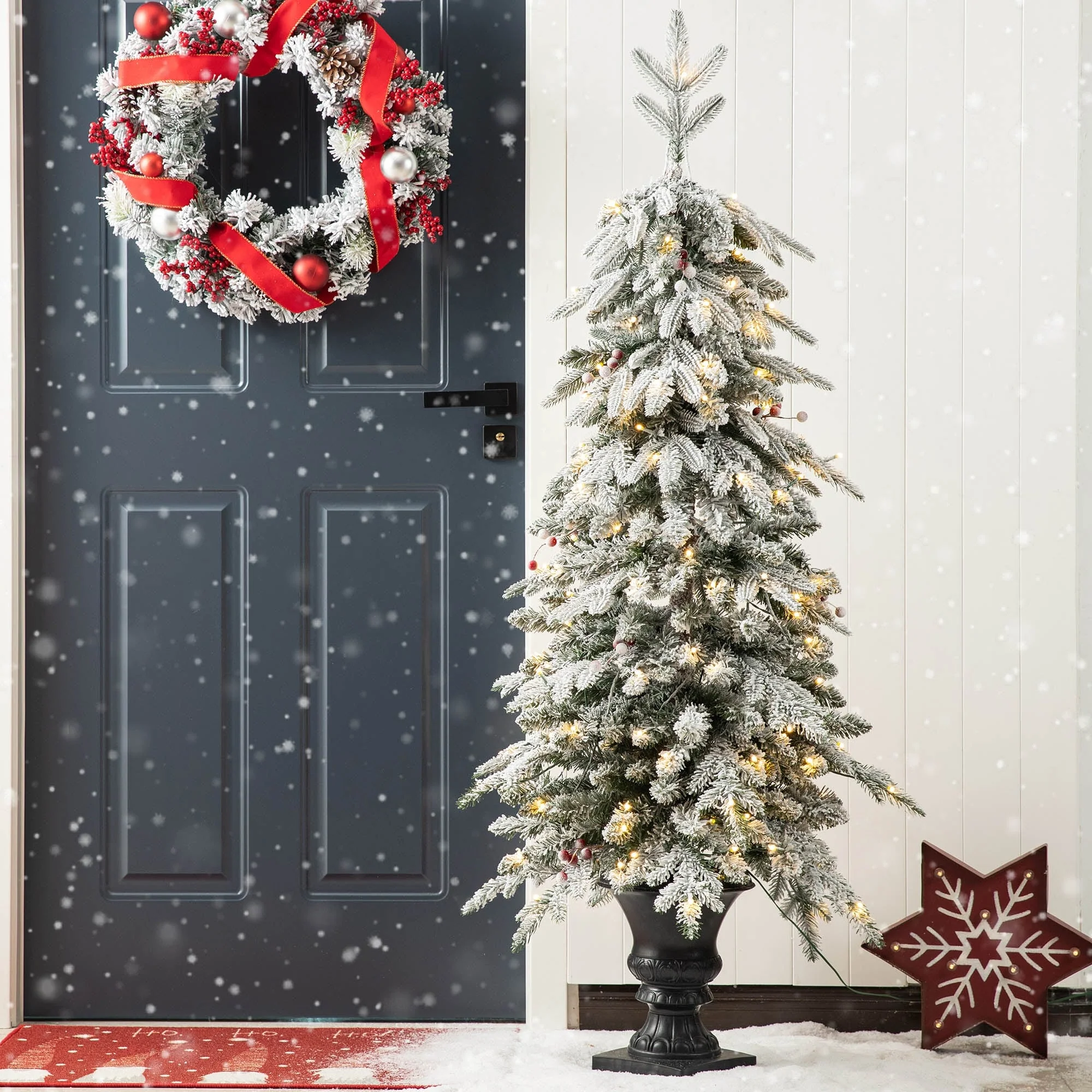 Glitzhome 4FT/5FT Pre-Lit Flocked Fir Artificial Christmas Potted Porch Trees