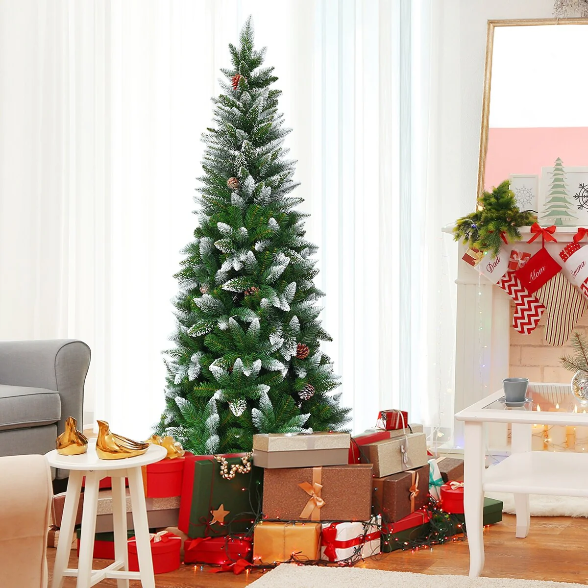 Gymax 5'/6'/7.5'Snow Flocked Pencil Christmas Tree w/ PVC Needles - See Details