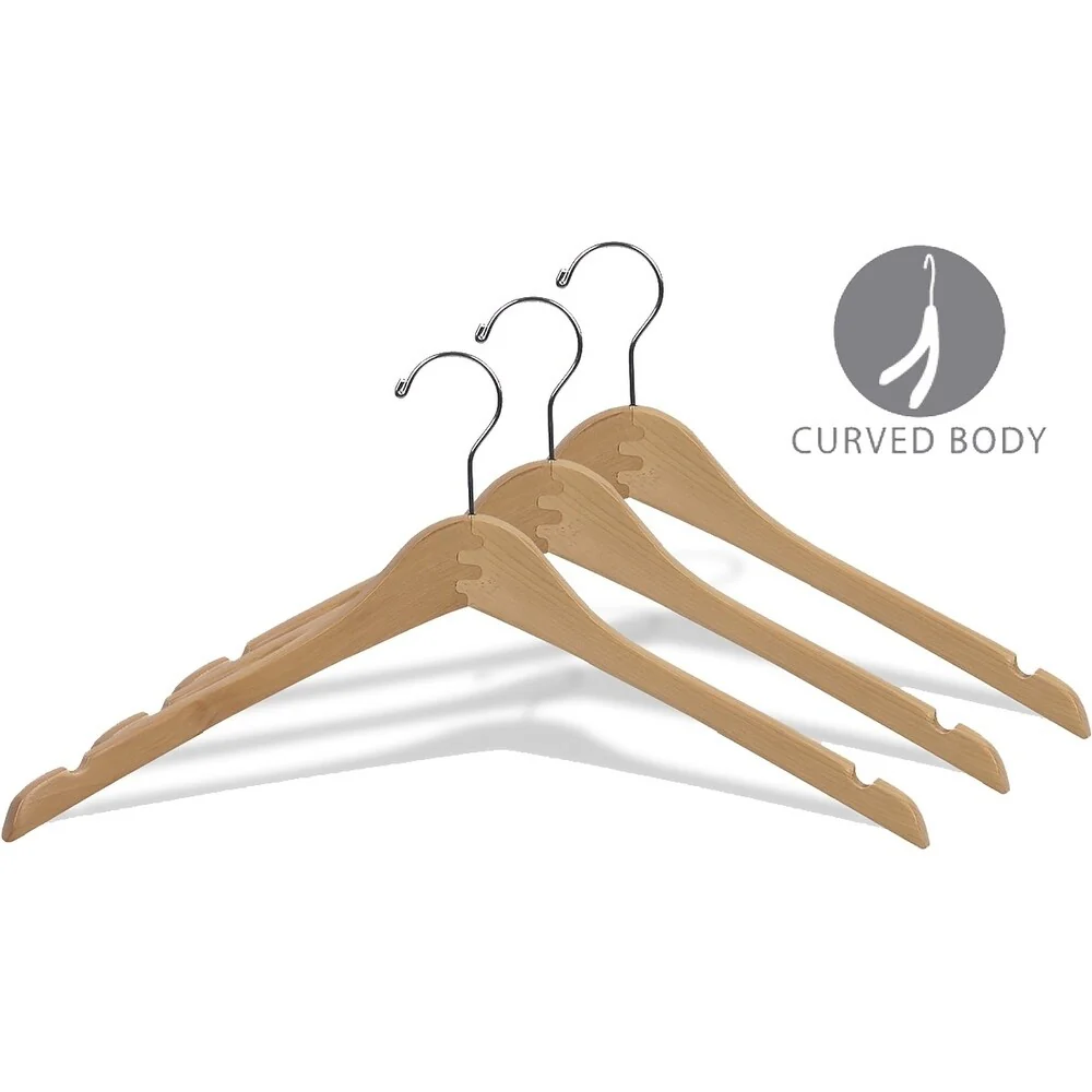 Curved Wooden Top Hanger with Natural Finish, 1/2 Inch Thick Hangers with Chrome Swivel Hook & Notches For Hanging Straps